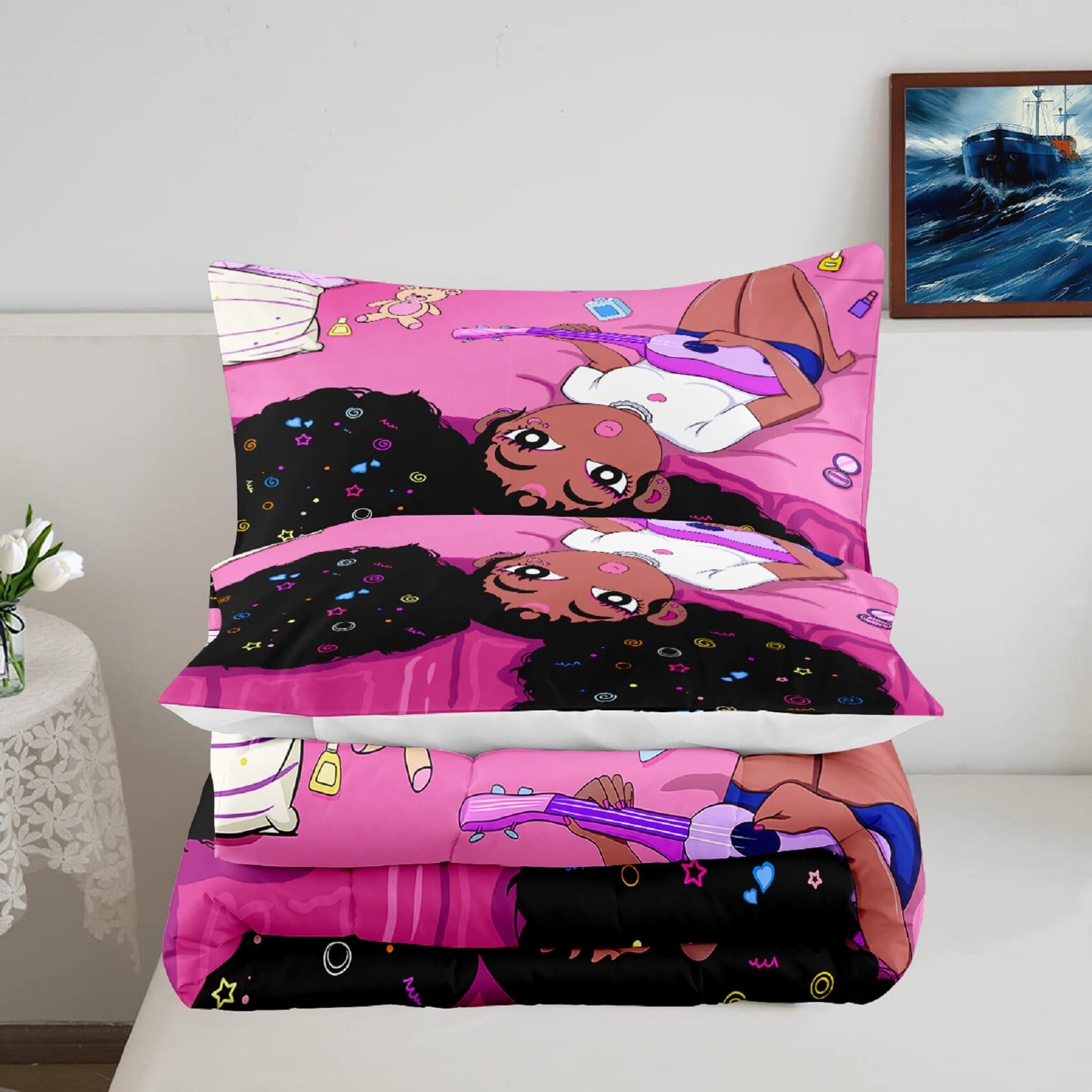 Jiospet Black Girl Magic Comforter Twin Set - African American Girls Twin Comforter Sets Black Girls Twin Bedding Sets for Bedroom Decor Pink Kids Twin Comforter, 1 Comforter+1 Pillowcase