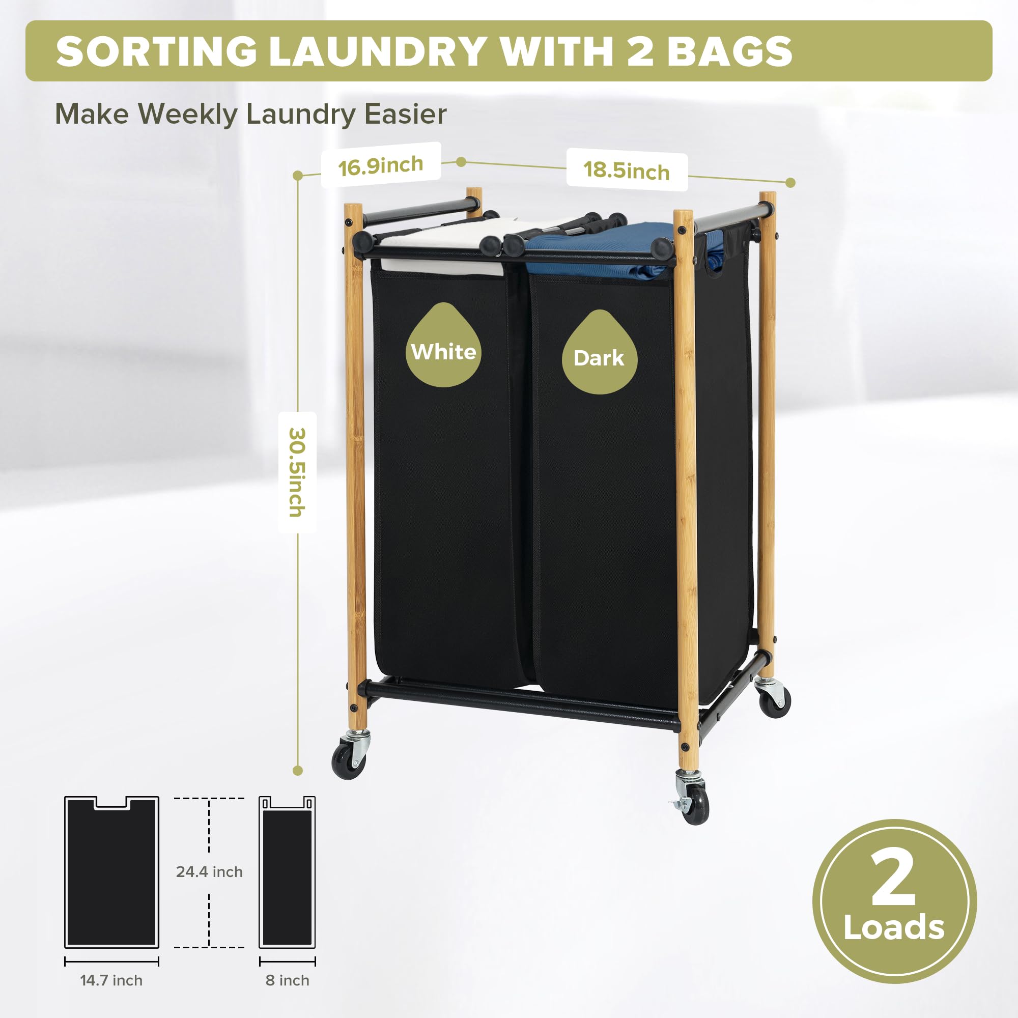 STORAGEIDEAS Laundry Sorter Hamper with Wheels, Heavy-Duty Laundry Basket Sorter Rolling Cart with Lockable Wheels and Removable Bags, Laundry Cart 2 Sections, Bamboo