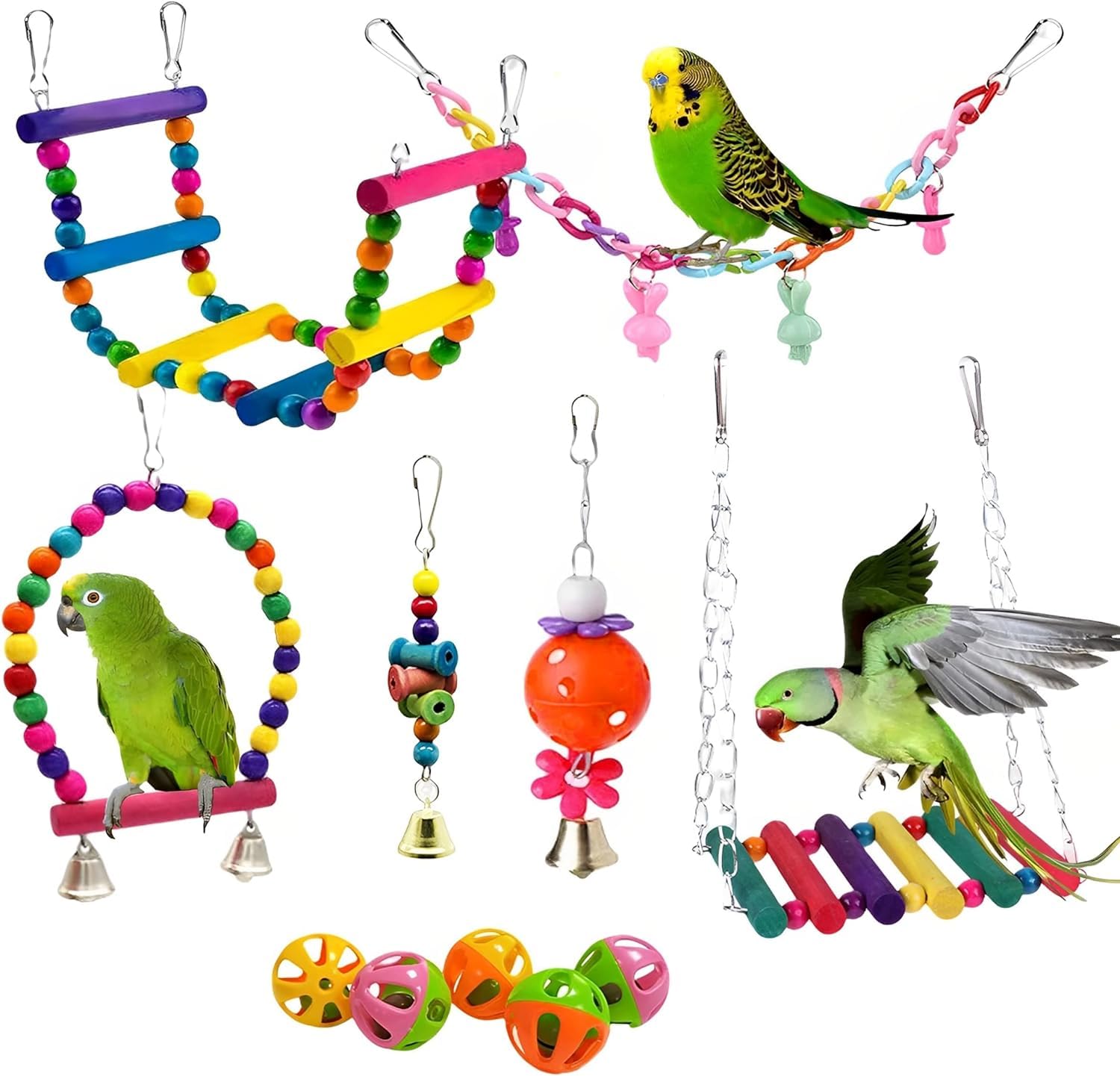 Bird Toys Parakeet Cage Accessories: 11pcs Bird Toy Swing Set for Bird Cage - Colorful Natural Toys Suitable for Parrot Cockatiel Budgie Conure Mynah Lovebird