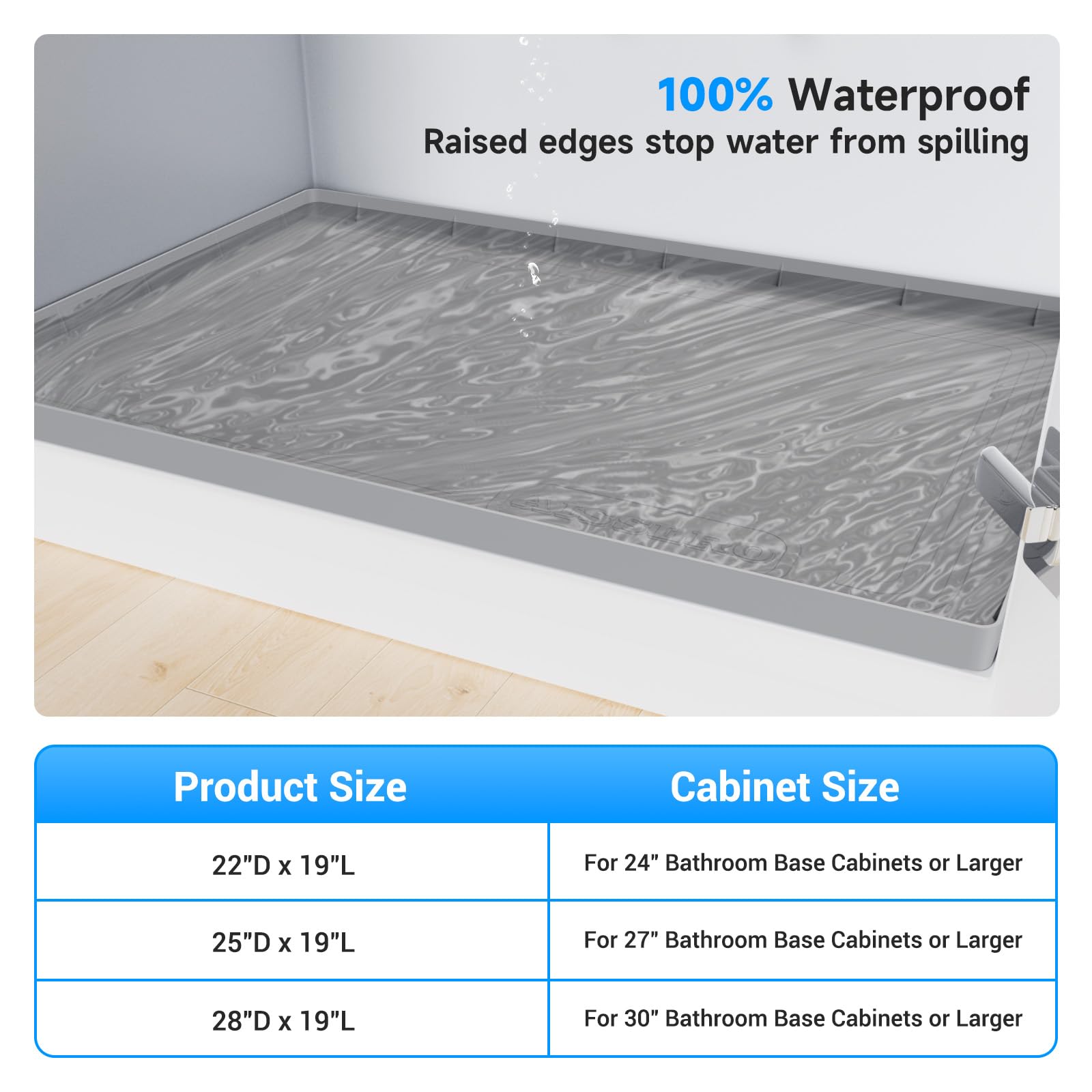 1 Inch Raised Under Sink Mat, 22" X 19" Under Kitchen Sink Mat [BPA Free] Waterproof Silicone Under Sink Mats Bathroom Kitchen Cabinet Shelf Protector, Under Sink Liner Tray, Light Grey