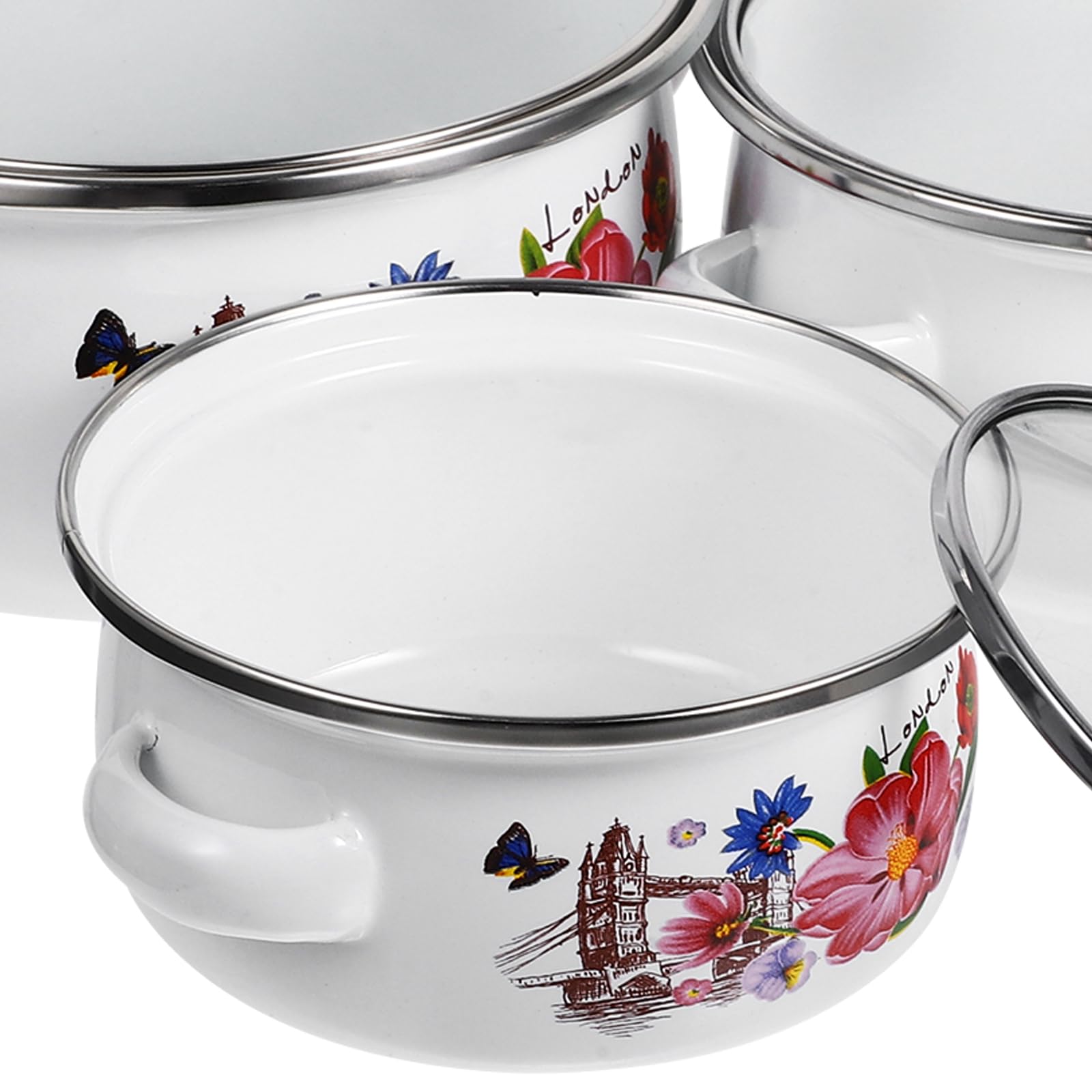 Totority Enamel Stockpot 3 Pcs Kitchen Enamel Stockpot with Lid, Retro Flower Stew Bean Cooking Pot, Vintage Thicken Soup Pot with Handles, Nonstick, Safe for Induction Cookers, Gas Stove