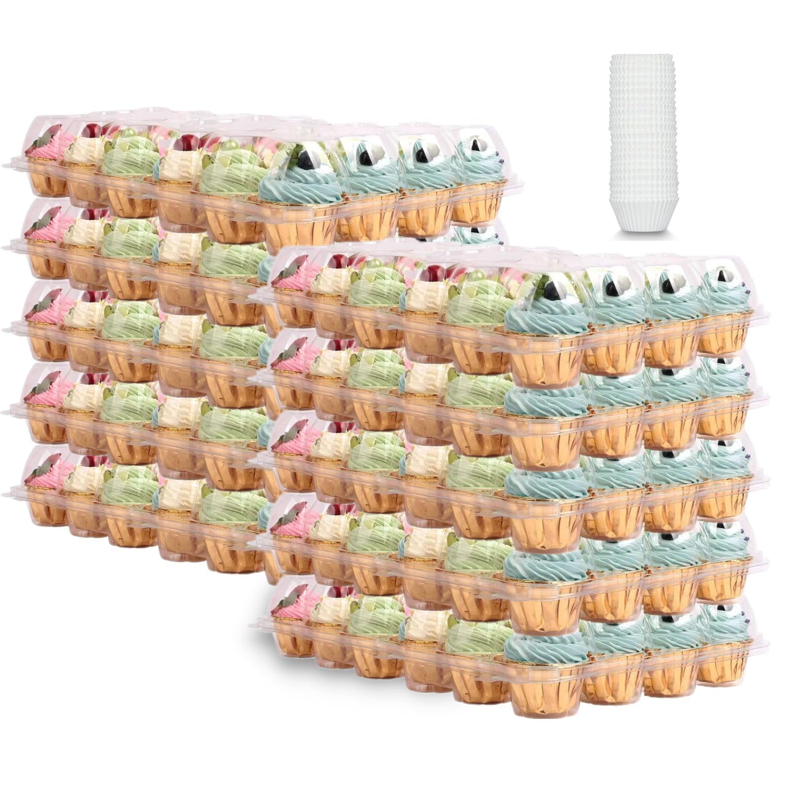 ZWYSLFCY (24 Pack x 10 Sets) Stackable Cupcake Carrier Holders with 240 Pack Cupcake Liners, Plastic Cupcake Boxes Holders for 24 Cupcakes, Clear Cupcake Trays, High Tall Dome Lid Cupcake Containers