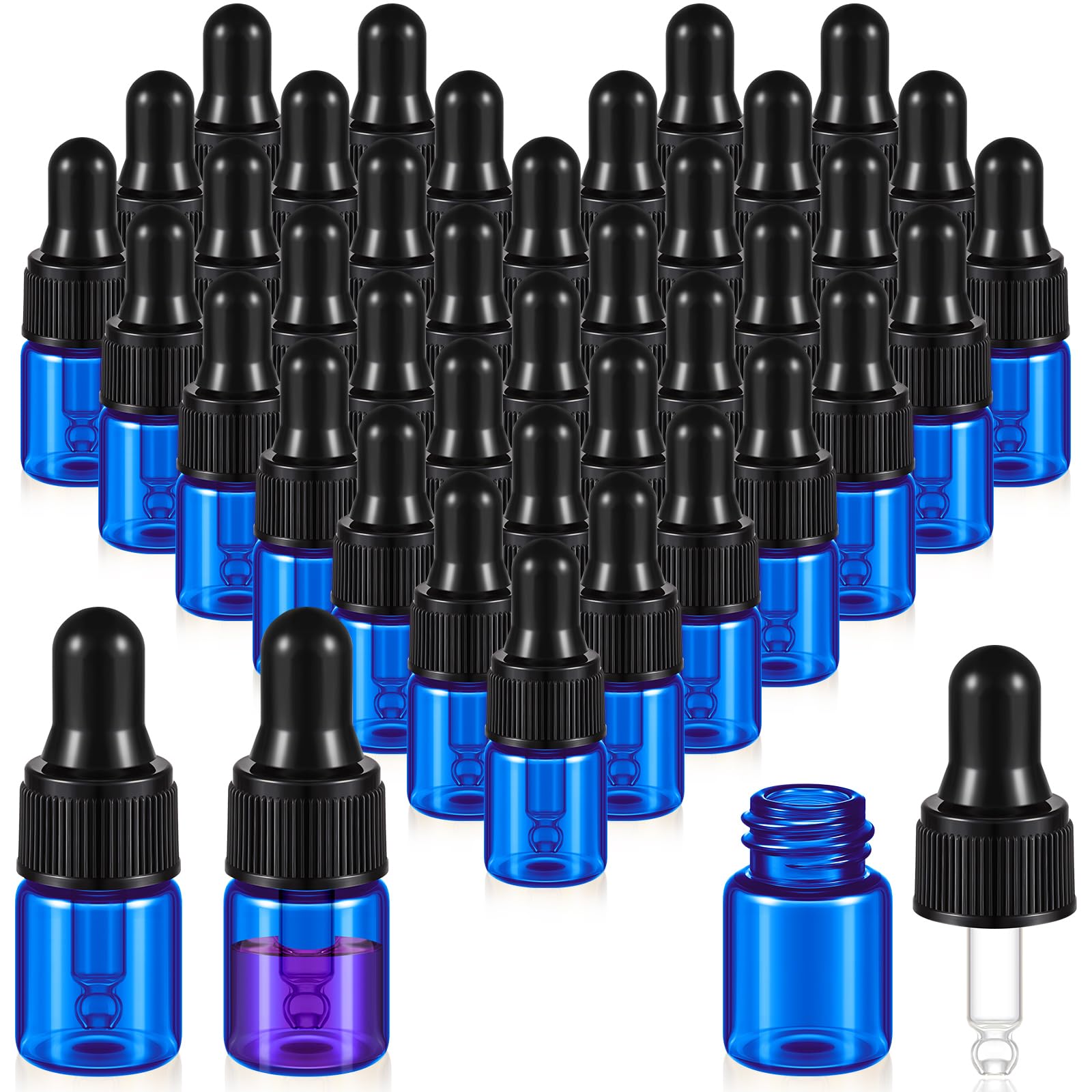 Didaey 100 Pcs Mini Glass Dropper Bottle Bulk 2 ml Mini Liquor Bottles Clear Essential Oil Dropper Small Blue Sample Containers Perfume Liquid Cosmetic Sample Vials with Cap for Traveling