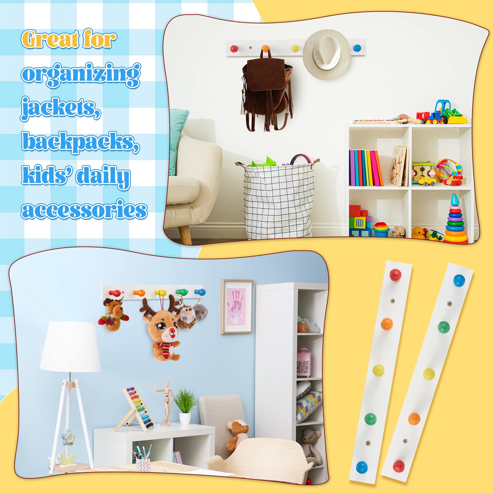 Yousoontic 2 Pcs Kids Coat Rack Wall Mount Rainbow Kids Wall Hooks Wooden Coat Hooks Cute Coat Rack Wall Mounted for Kid's Towels Backpacks Bedroom Bathroom Playroom Classroom