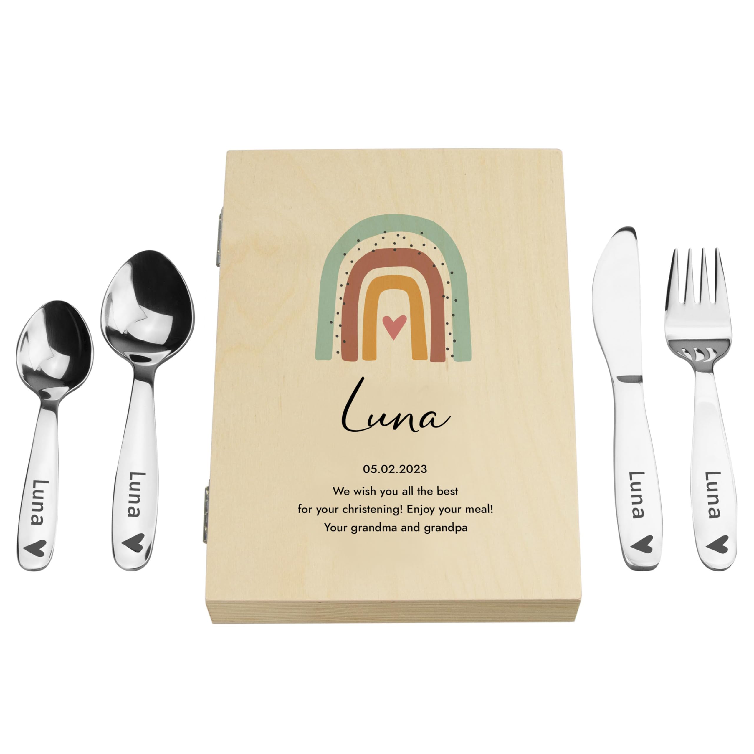 LAUBLUST Personalized Flatware Utensils Set - New Rainbow - Engraved with Name | New Born Baby, Toddler Gift - Natural Wooden Box & Spoons and Forks Stainless-Steel 4 pcs | Made & Shipped from Germany