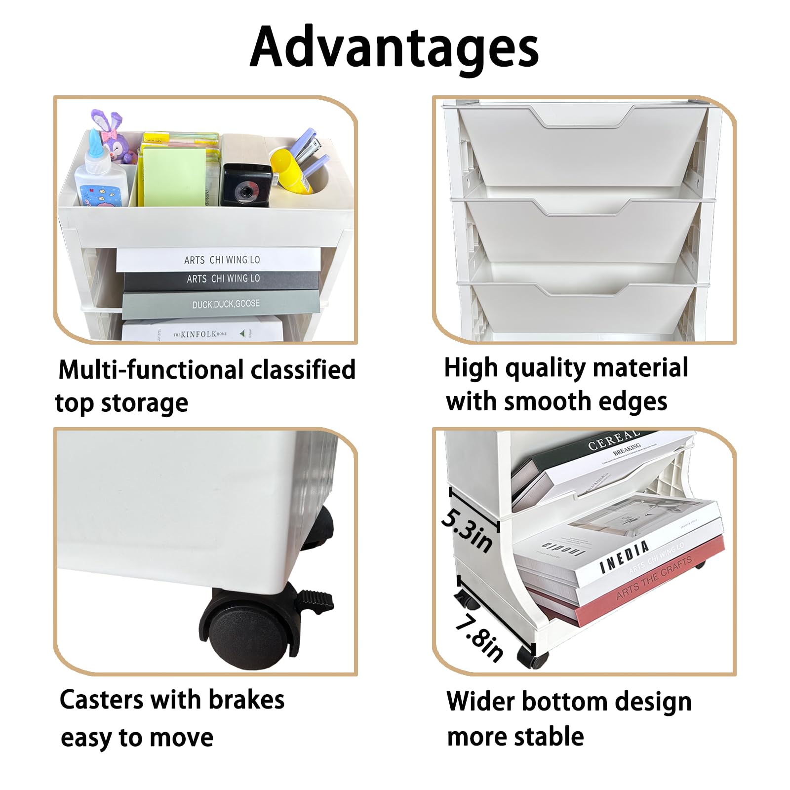 Drcoevo 5 Tier Rolling Book Utility Cart, Removable Movable Bookshelf Organizer with Wheels, Storage Book Shelves, Book Rack, Mobile White Bookcase for Study in Classroom Home School Office