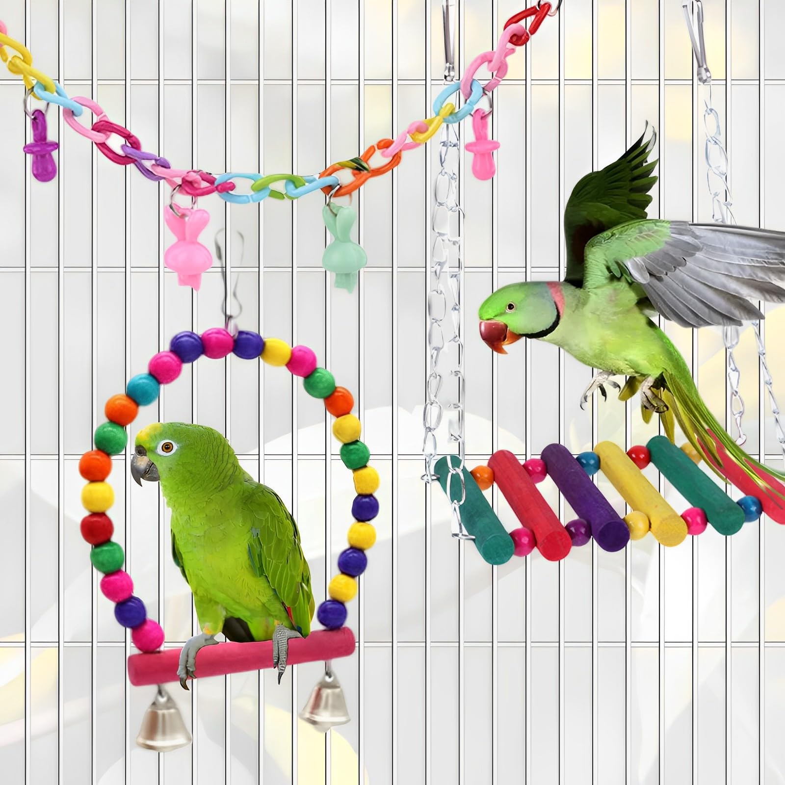 Bird Toys Parakeet Cage Accessories: 11pcs Bird Toy Swing Set for Bird Cage - Colorful Natural Toys Suitable for Parrot Cockatiel Budgie Conure Mynah Lovebird