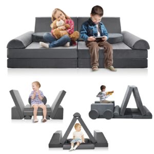 docred kids couch play set, 10pcs modular kids sofa couch, kids fort couch bedroom and playroom furniture for toddlers, convertible foam floor cushion, grey