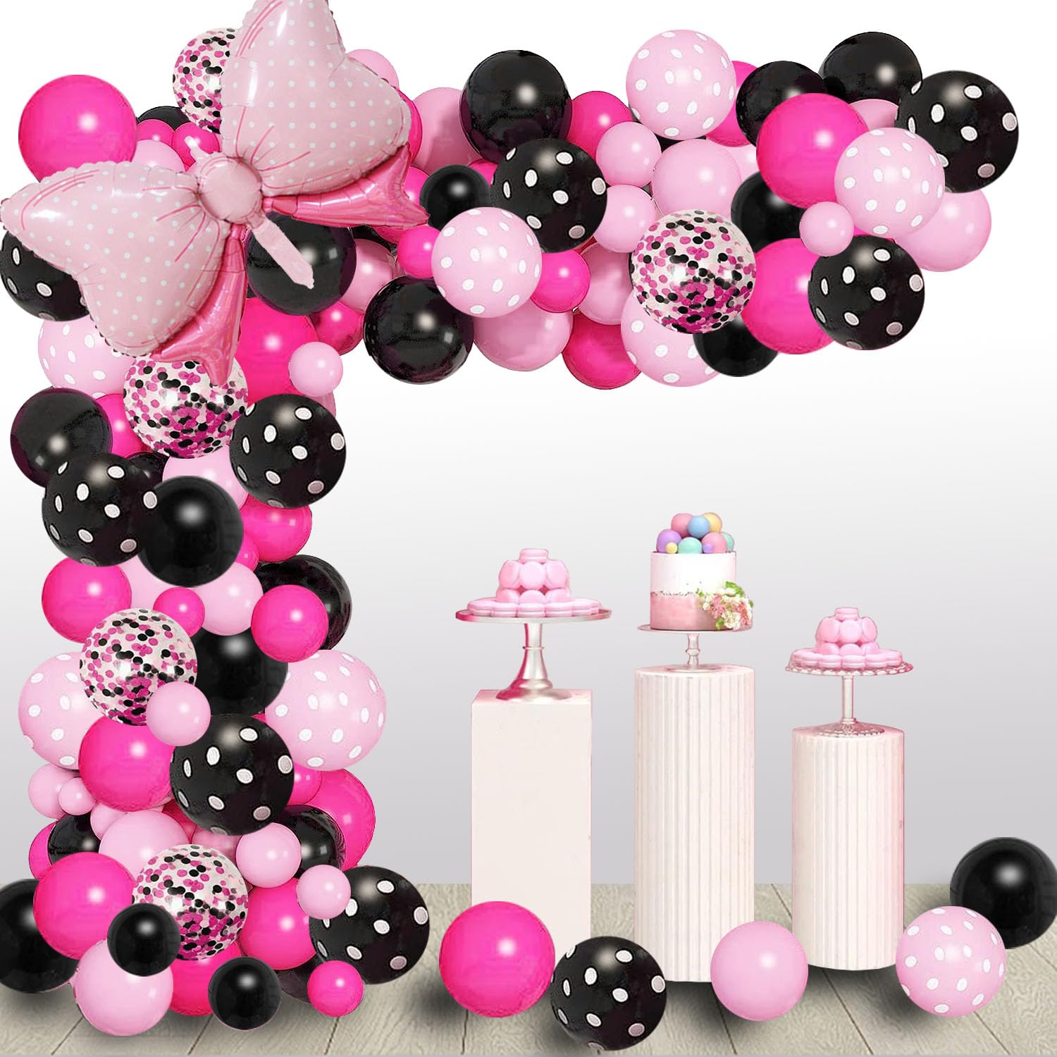 Pink Mouse Balloon Garland Arch Kit Birthday Party Supplies, Pink Black Balloons，Pink Black Rose Red Bow Foil Balloons for Birthday Decorations and Baby Shower Party Supplies