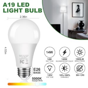 GOZIG 14W 1500LM Dimmable LED Light Bulbs 100 Watt Equivalent Bright A19 LED Bulbs with E26 Medium Base Daylight White 5000K CRI 90+ for Home Office Bedroom Kitchen, 10 Packs