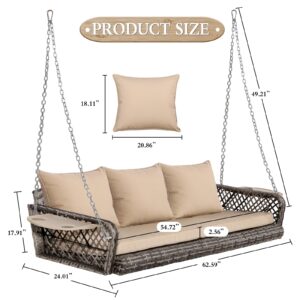 MAGIC UNION 3-Person Wicker Hanging Porch Swing, Patio Outdoor Rattan Swing Bench W/ 3 Back Cushions & 1 Seat Cushion, Sturdy Steel Chain for Deck, Backyard, Garden