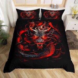 red black dragon duvet cover set queen size,glowing flame dragon bedding set 3pcs for kids boys men adult bedroom decor,wild animals comforter cover cool magical style quilt cover,2 pillowcases