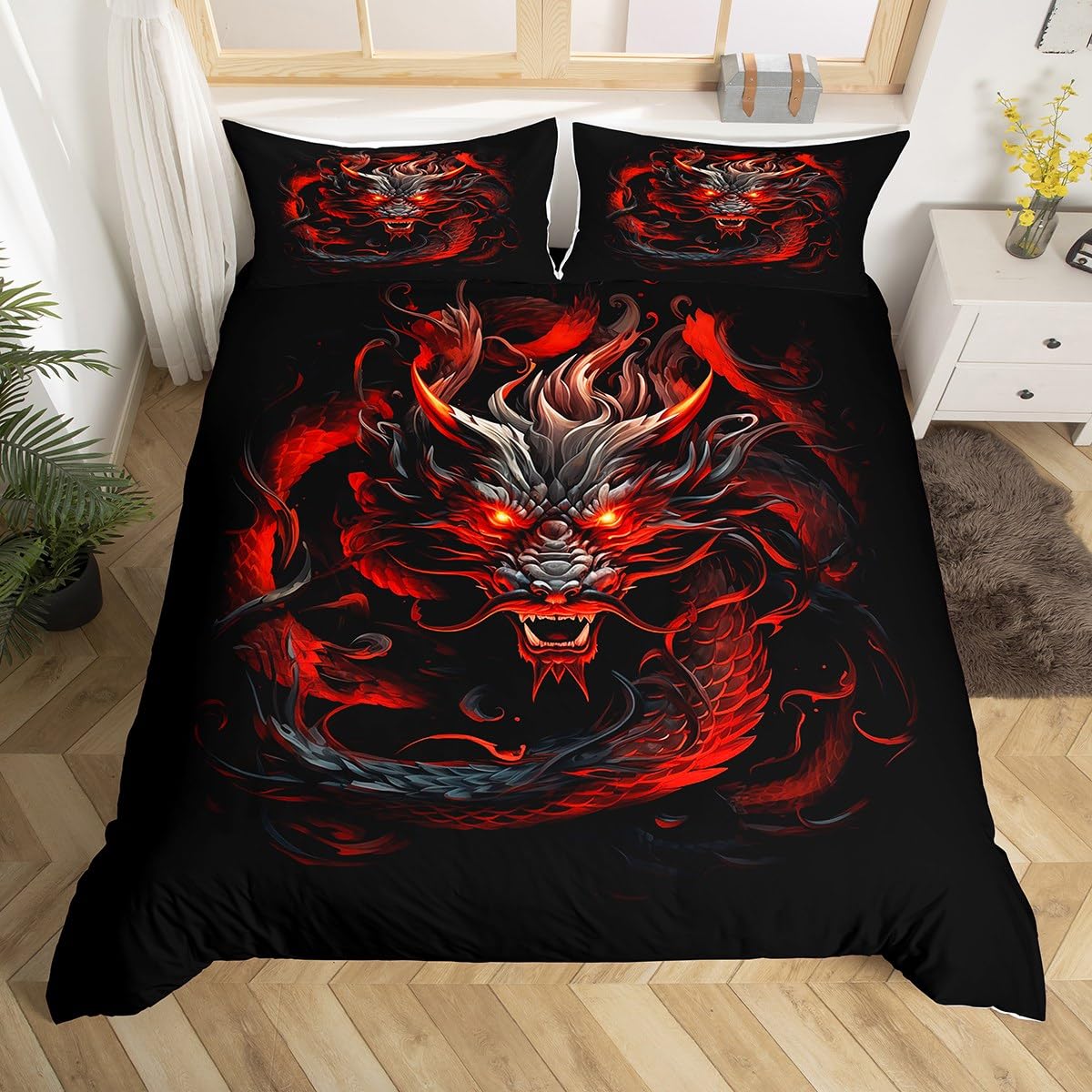 Red Black Dragon Duvet Cover Set Queen Size,Glowing Flame Dragon Bedding Set 3Pcs for Kids Boys Men Adult Bedroom Decor,Wild Animals Comforter Cover Cool Magical Style Quilt Cover,2 Pillowcases