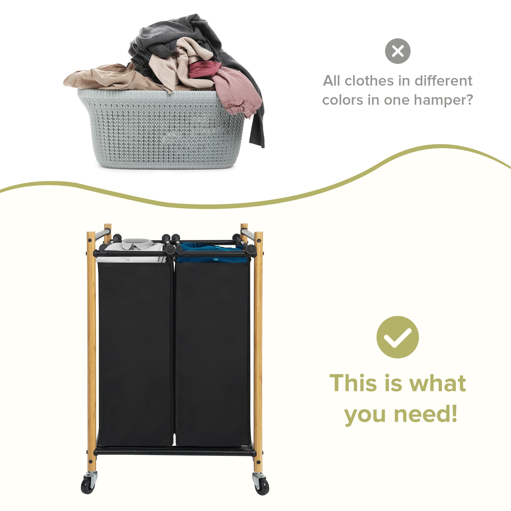 STORAGEIDEAS Laundry Sorter Hamper with Wheels, Heavy-Duty Laundry Basket Sorter Rolling Cart with Lockable Wheels and Removable Bags, Laundry Cart 2 Sections, Bamboo