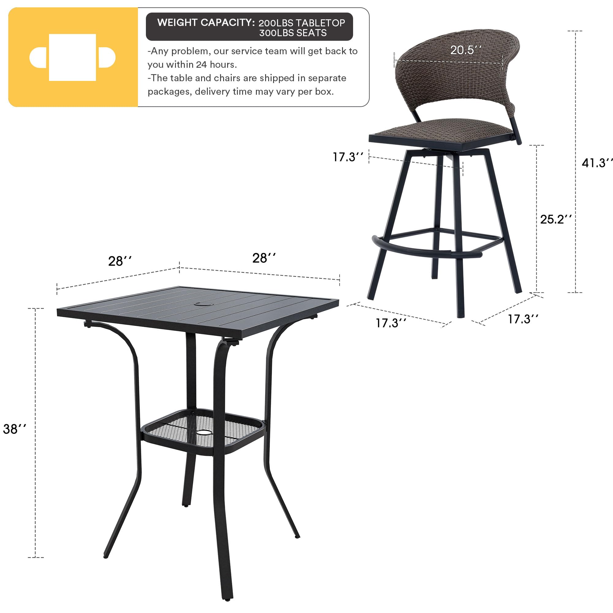 VICLLAX Outdoor Patio Swivel Bar Set, 3 Pieces Set Outdoor Patio Furniture, Metal Bistro Set, Patio Bar Height Table and Swivel Wicker Patio Bar Chairs, Brown Chairs