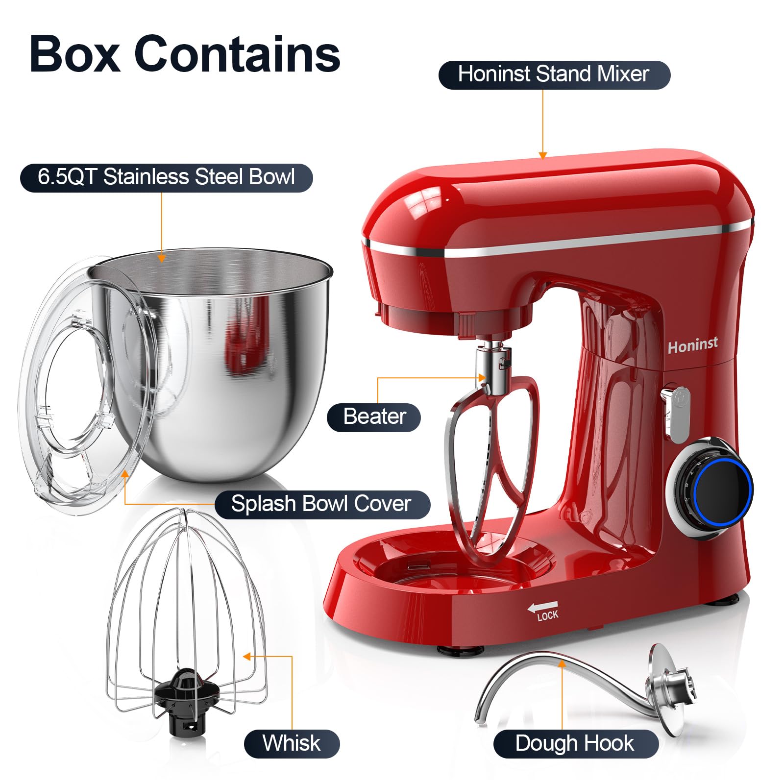 Honinst Stand Mixer, 6.5QT 10-Speed Tilt-Head Electric Stand Mixer, 3-In-1 Kitchen Mixer with Bowl, Dough Hook, Whisk and Beater, Food Mixer for Baking, Cake and Most Home Cooks, Red