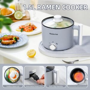 YOOLYQI Electric Hot Pot:1.5 L Ramen Cooker, Dual Power Mini Portable Multi-Functional Lazy Pot for Pasta, Noodles, Egg, Soup, Non-Stick Noodle Cooker with Boil Dry Protection for Dorm, Office (Grey)