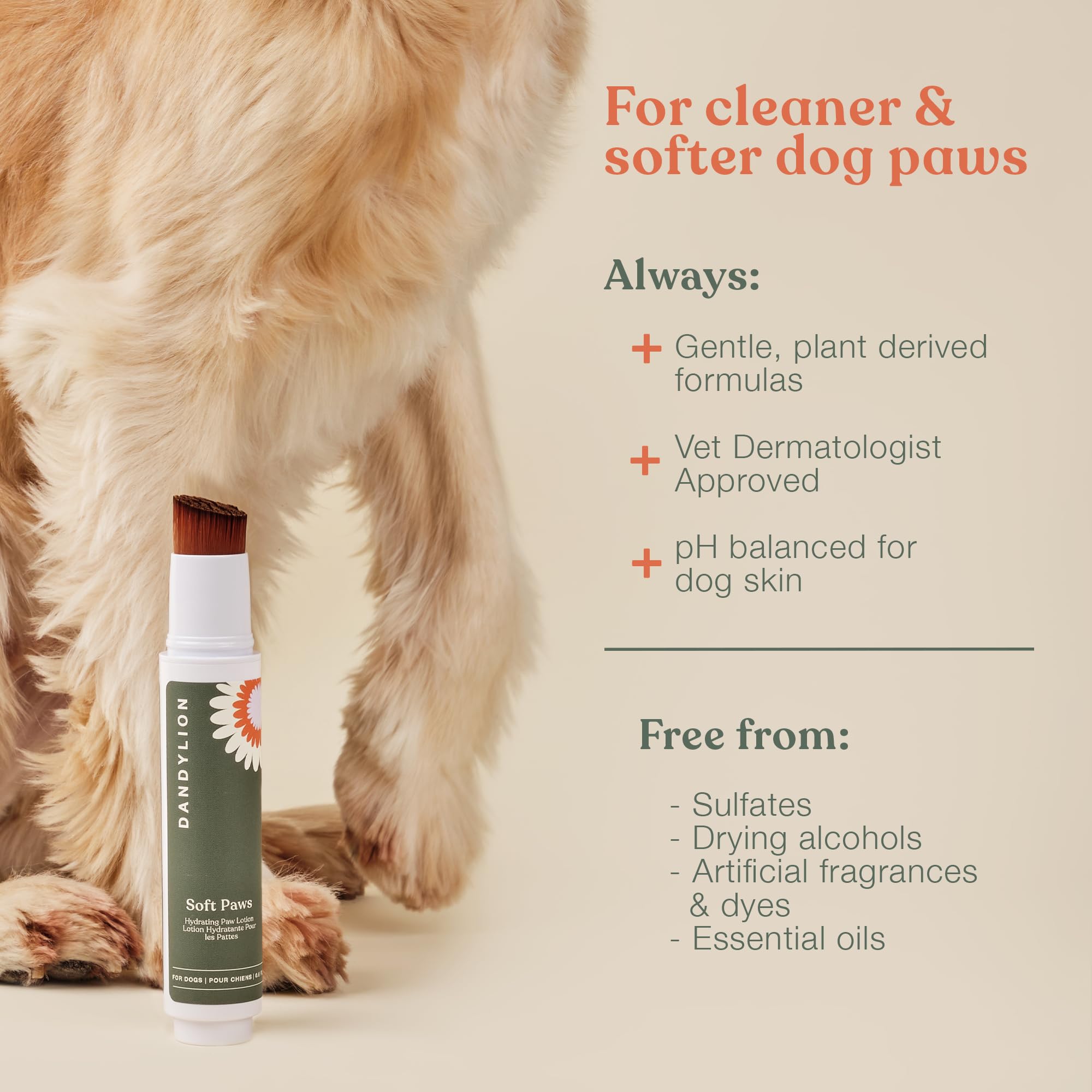 Dandylion Soft Paws | Paw Lotion with Brush | Dog Paw Pad Balm Hydrating Alternative | Vet-Approved, Lick-Safe & Fragrance-Free | pH-Balanced for Itchy, Dry, Cracked Paws, Small & Large Dogs 0.6 fl oz