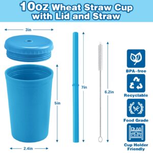 Reusable 10oz Wheat Straw Cups, Durable Water Cups With Lids and Straws for Kids, Chip Resistant Tumbler and Unbreakable Kitchen Drinking Cups, BPA free, Microwave & Dishwasher Safe