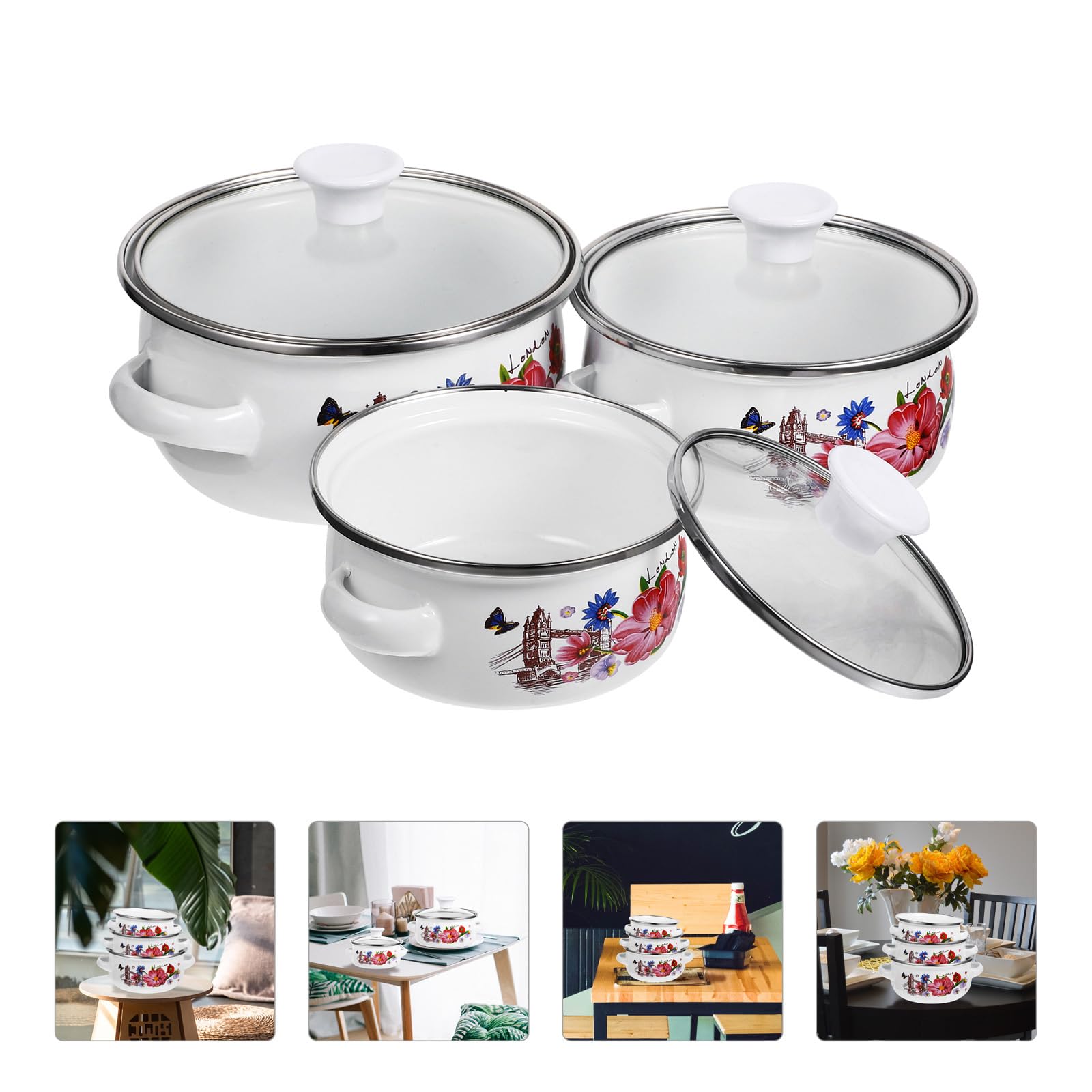 Totority Enamel Stockpot 3 Pcs Kitchen Enamel Stockpot with Lid, Retro Flower Stew Bean Cooking Pot, Vintage Thicken Soup Pot with Handles, Nonstick, Safe for Induction Cookers, Gas Stove