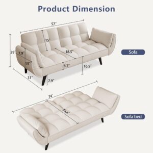 Olela Futon Sofa Bed, Convertible Sleeper Couch 74" W Modern Velvet Loveseat with Adjustable Backrests and Solid Wood Legs for Living Room, Bedroom, Small Space (Beige)