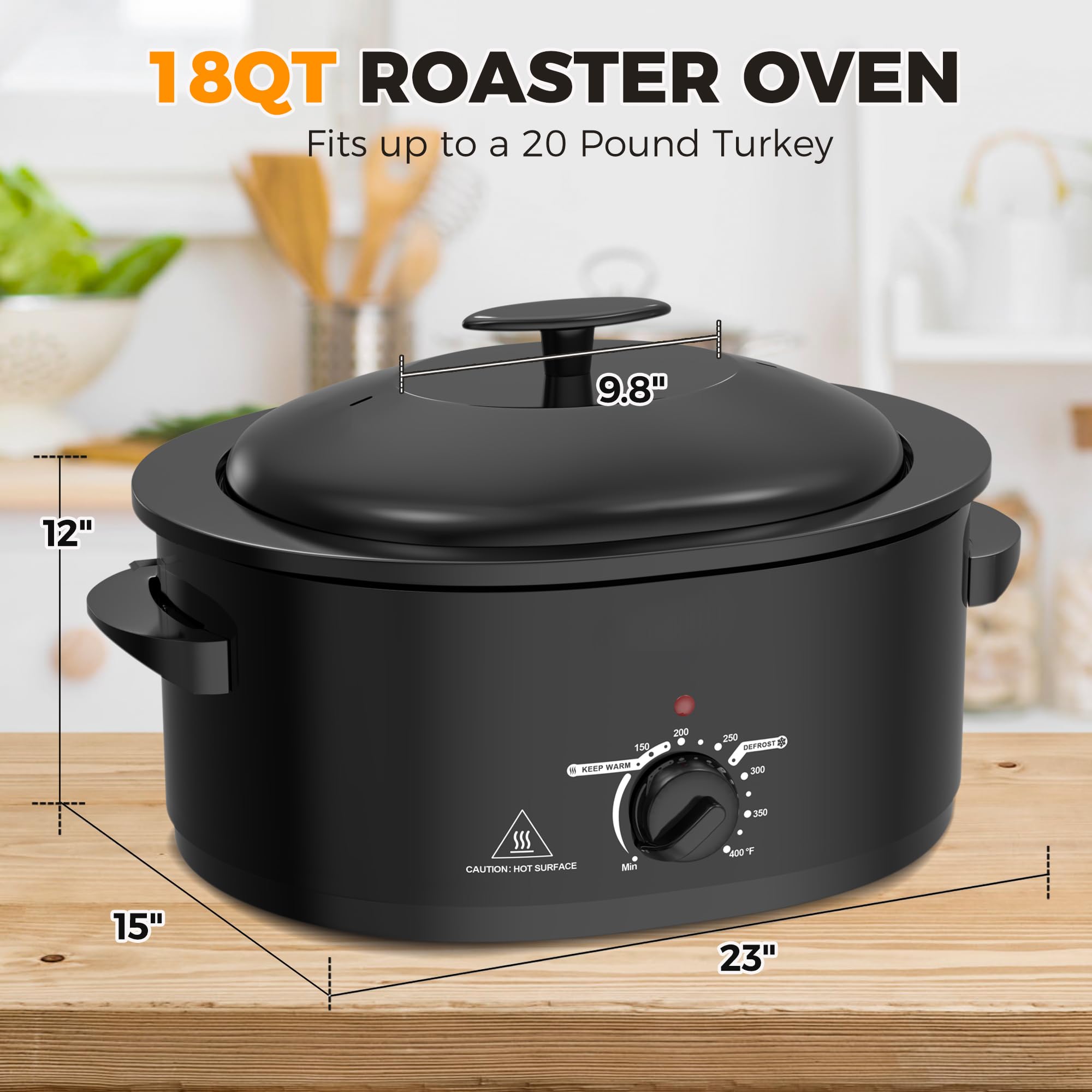 8 QT Electric Roaster Oven with Self-Basting Lid, Turkey Roaster Oven with Defrost Warm Function, Removable Pan and Rack, Black