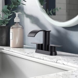 Bietor Waterfall Bathroom Faucets, Matte Black Bathroom Sink Faucet with Pop-up Drain & Supply Hoses, Stainless Steel Lead-Free 2 Handle Faucet for Vanity Sink 2 or 3 Holes