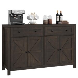 hostack 55" buffet sideboard cabinet with storage, modern farmhouse coffee bar cabinet with drawers and shelves, barn doors storage cabinet for kitchen, living room, dark brown