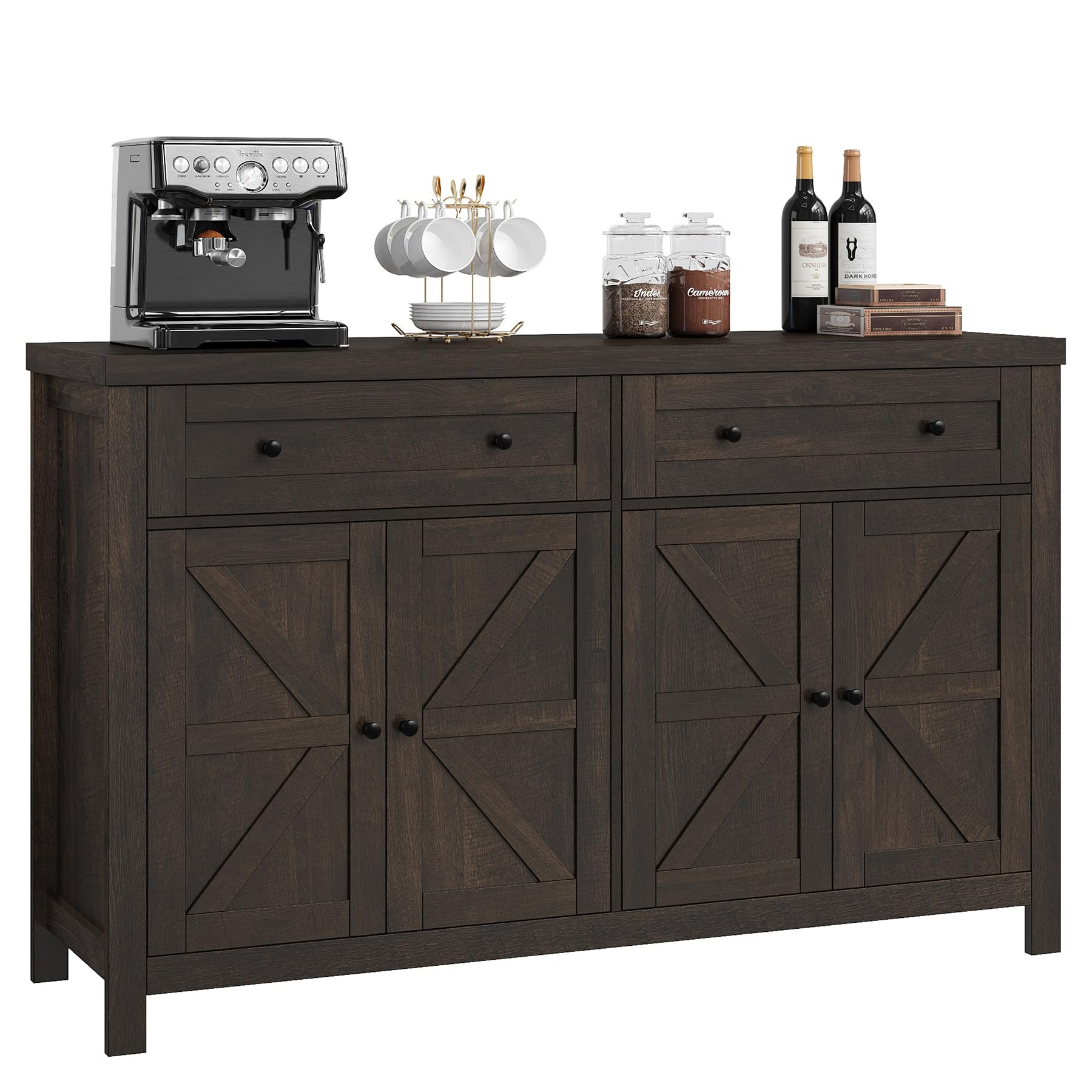 HOSTACK 55" Buffet Sideboard Cabinet with Storage, Modern Farmhouse Coffee Bar Cabinet with Drawers and Shelves, Barn Doors Storage Cabinet for Kitchen, Living Room, Dark Brown