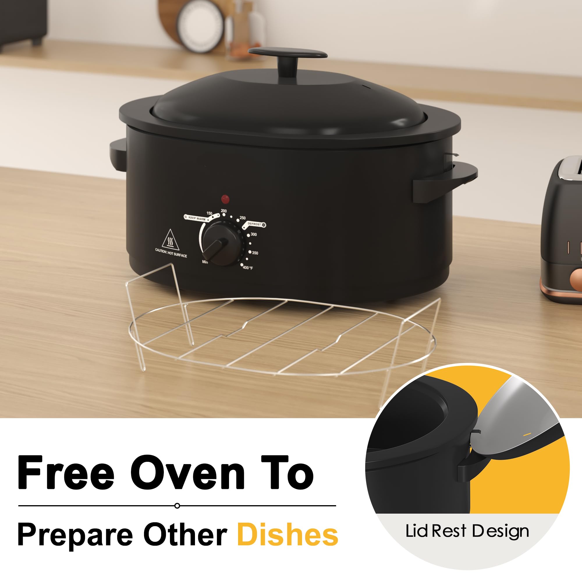 8 QT Electric Roaster Oven with Self-Basting Lid, Turkey Roaster Oven with Defrost Warm Function, Removable Pan and Rack, Black