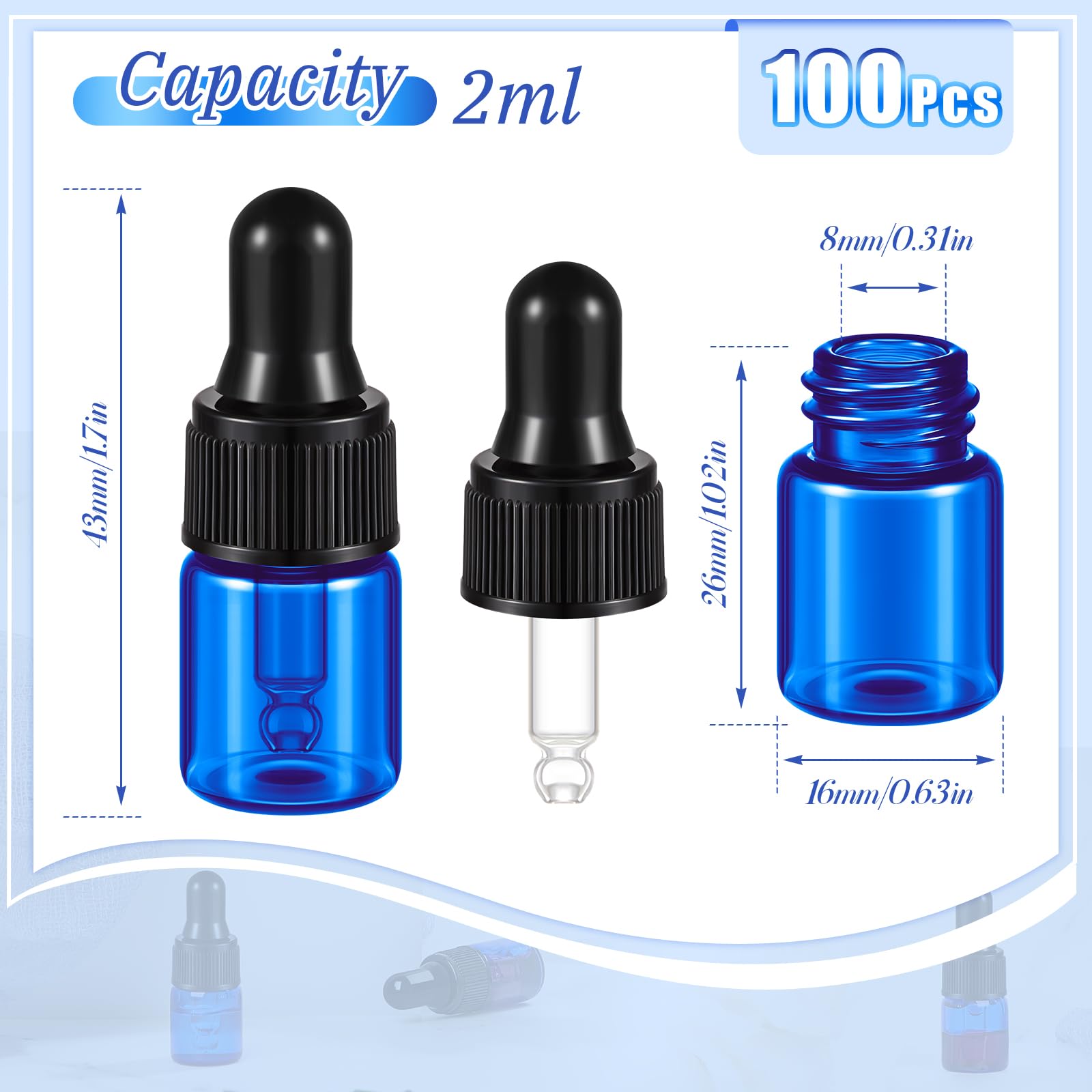 Didaey 100 Pcs Mini Glass Dropper Bottle Bulk 2 ml Mini Liquor Bottles Clear Essential Oil Dropper Small Blue Sample Containers Perfume Liquid Cosmetic Sample Vials with Cap for Traveling