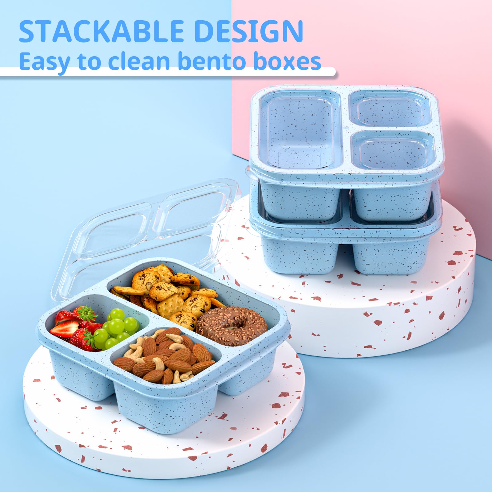 Enstphjoy Snack Boxes (3 Pack) - Stackable Bento Boxes with 3 Compartments, Meal Prep Containers Reusable, Lightweight Lunch Containers for Kids and Adults, BPA Free (Blue)