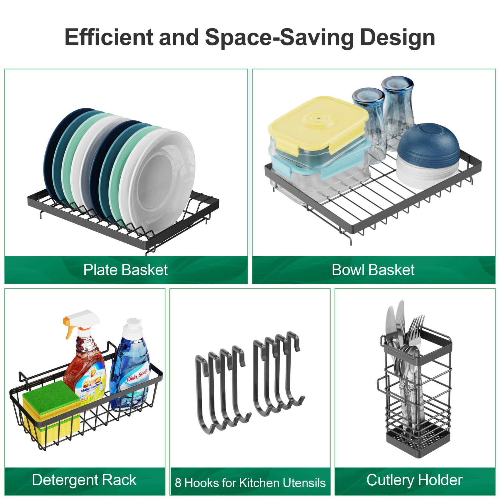 GSlife Over The Sink Dish Drying Rack - Adjustable (26.3"-35") Dish Rack Over Sink with Upper Dual Bars, 3 Baskets, Hooks, Cutlury Holder, Large Dish Drainer Drying Rack for Kitchen Sink, Black