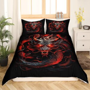 Red Black Dragon Duvet Cover Set Queen Size,Glowing Flame Dragon Bedding Set 3Pcs for Kids Boys Men Adult Bedroom Decor,Wild Animals Comforter Cover Cool Magical Style Quilt Cover,2 Pillowcases