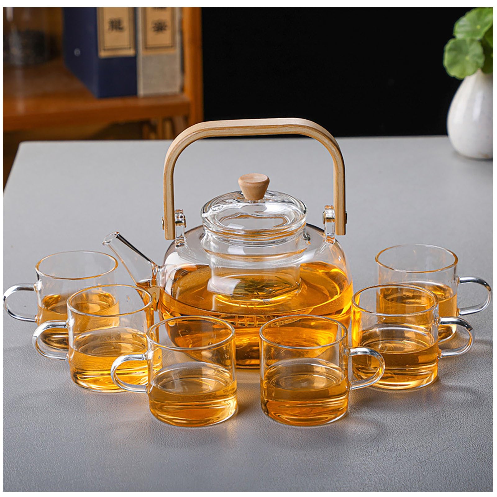 Glass Teapot with Infuser Clear Glass Tea Kettle with 6 Teacups, 900 ml Tea Pot Set for Stove Top, Loose Tea, Tea Maker Gift