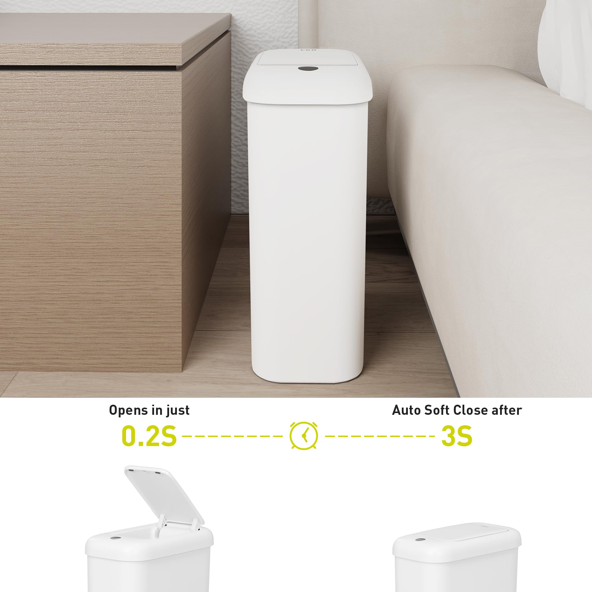 EKO Automatic Bathroom Trash Can with Lid, 2.6 Gallon Slim Touchless Bathroom Garbage Can, Waterproof Motion Sensor Trash Can for Bathroom, Office, Kitchen, White