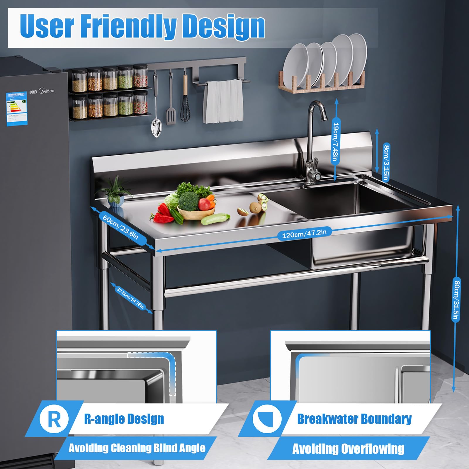 3 Compartment Commercial Stainless Steel Utility Sink Free Standing Sink Kitchen Sink with 3 Drains, 39x17.7x37.4" (3 Bowl)