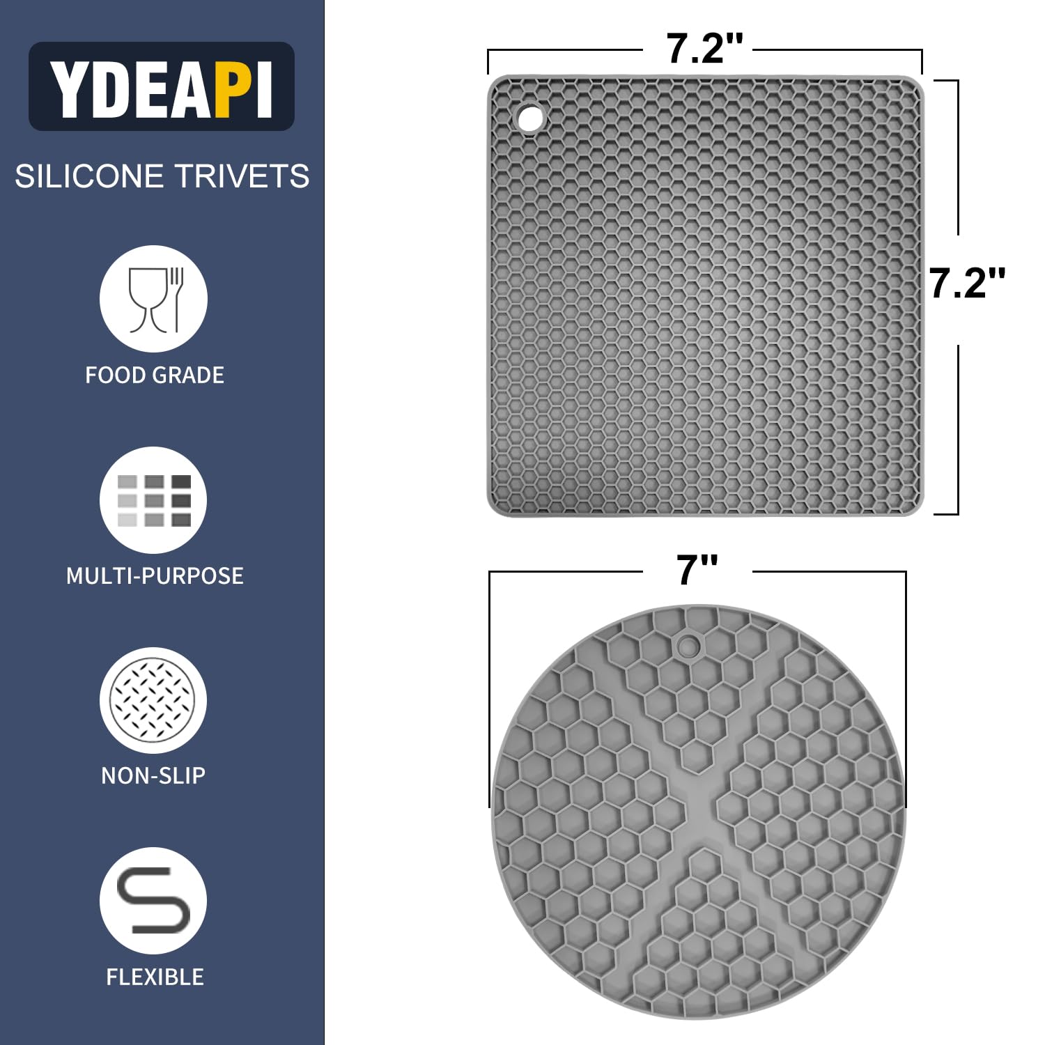 Ydeapi Silicone Trivet, 4 PCS Trivets for Hot Dishes, Heat Resistant Pot Holders, Hot Pads for Kitchen, Countertops, Food Grade Silicone Trivets for Hot Pots and Pans, Grey