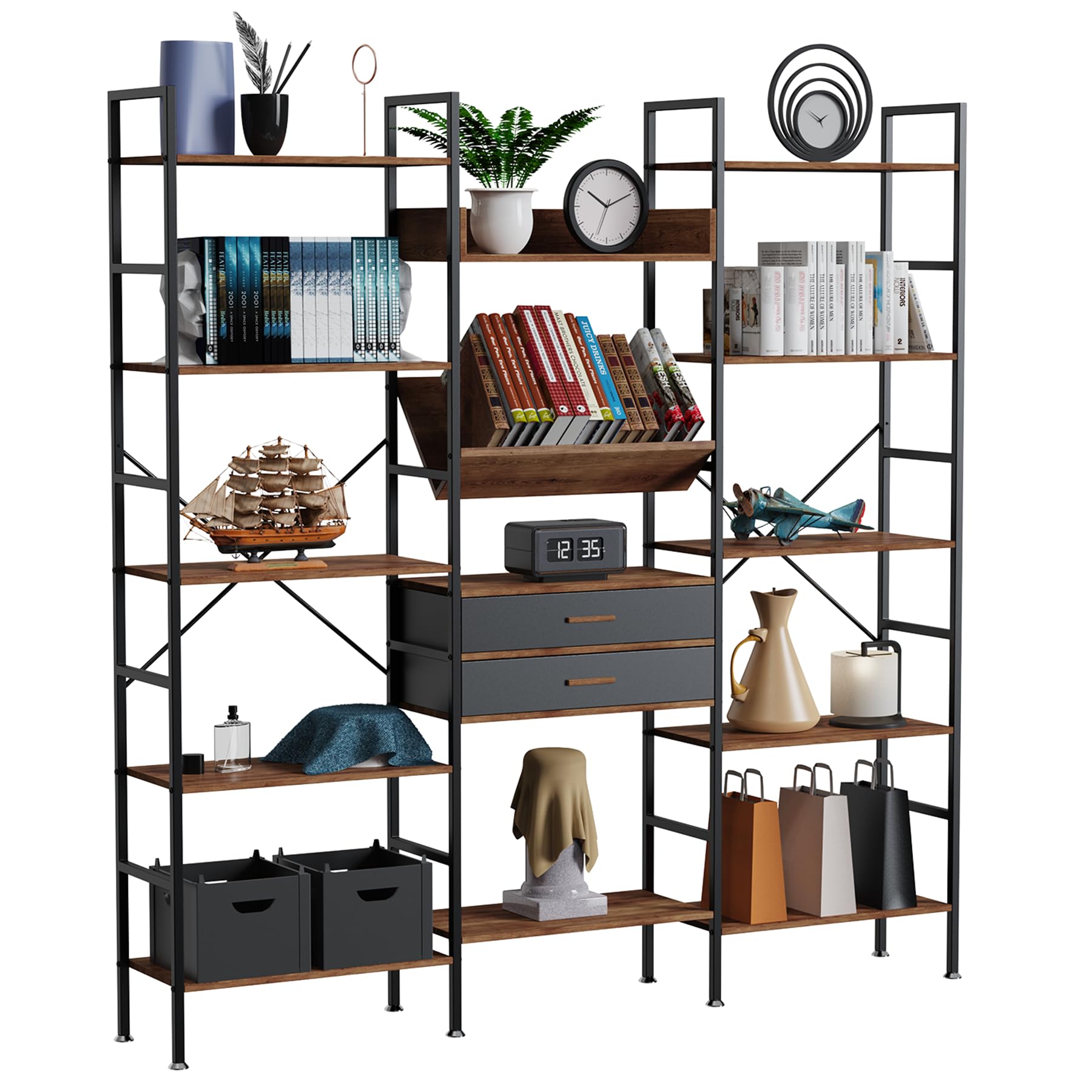 GRYPQROH Book shelf and Bookcase Triple Wide 5 Tier Industrial Bookshelf with Drawers & 14 Open Display Shelves, Large Etagere Tall Bookcase with Metal Frame for Home Office Living Room Retail Display