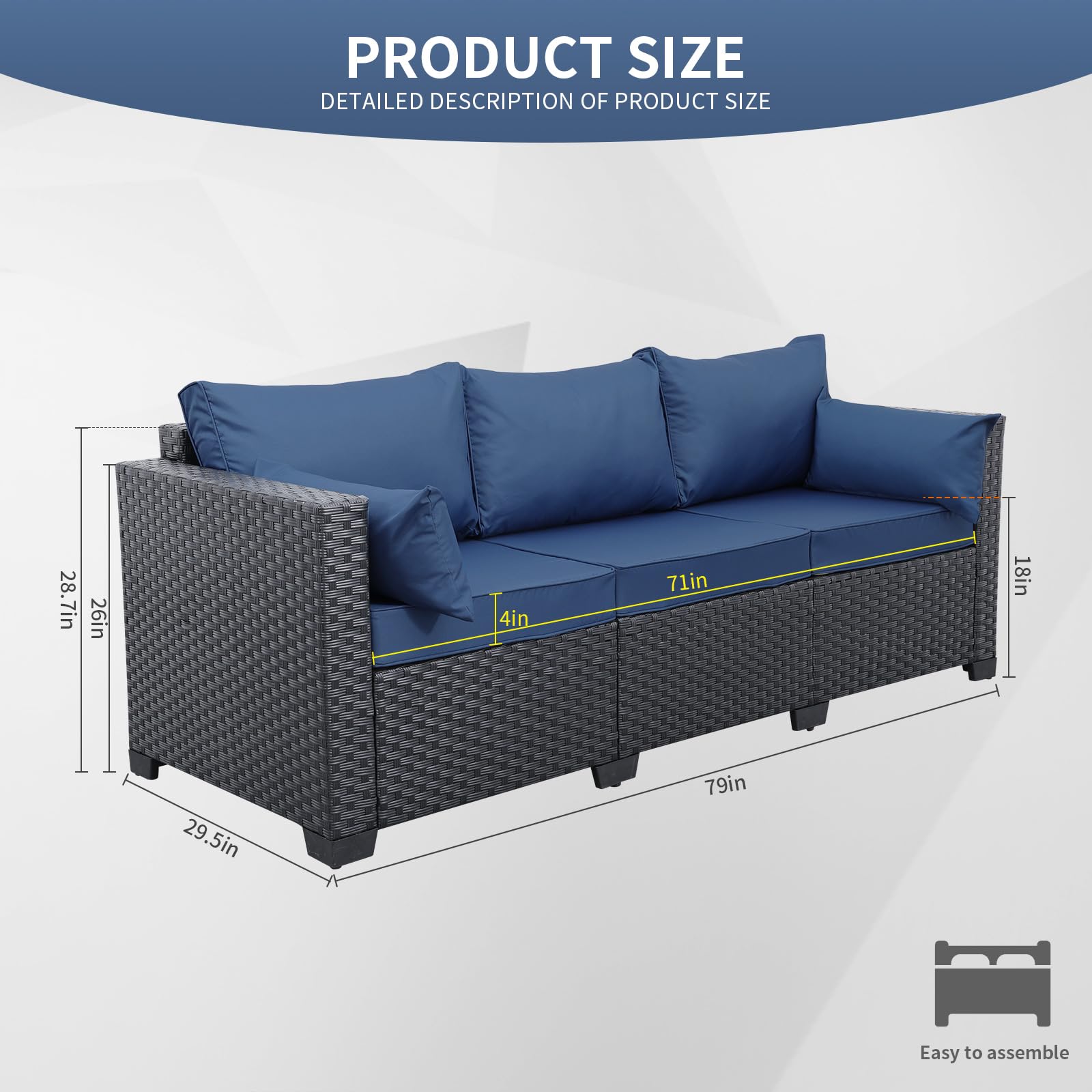 Valita 3-Seat Outdoor Rattan Sofa Patio Couch Black PE Wicker Loveseat Seating Furniture with Washable Navy Blue Cushions