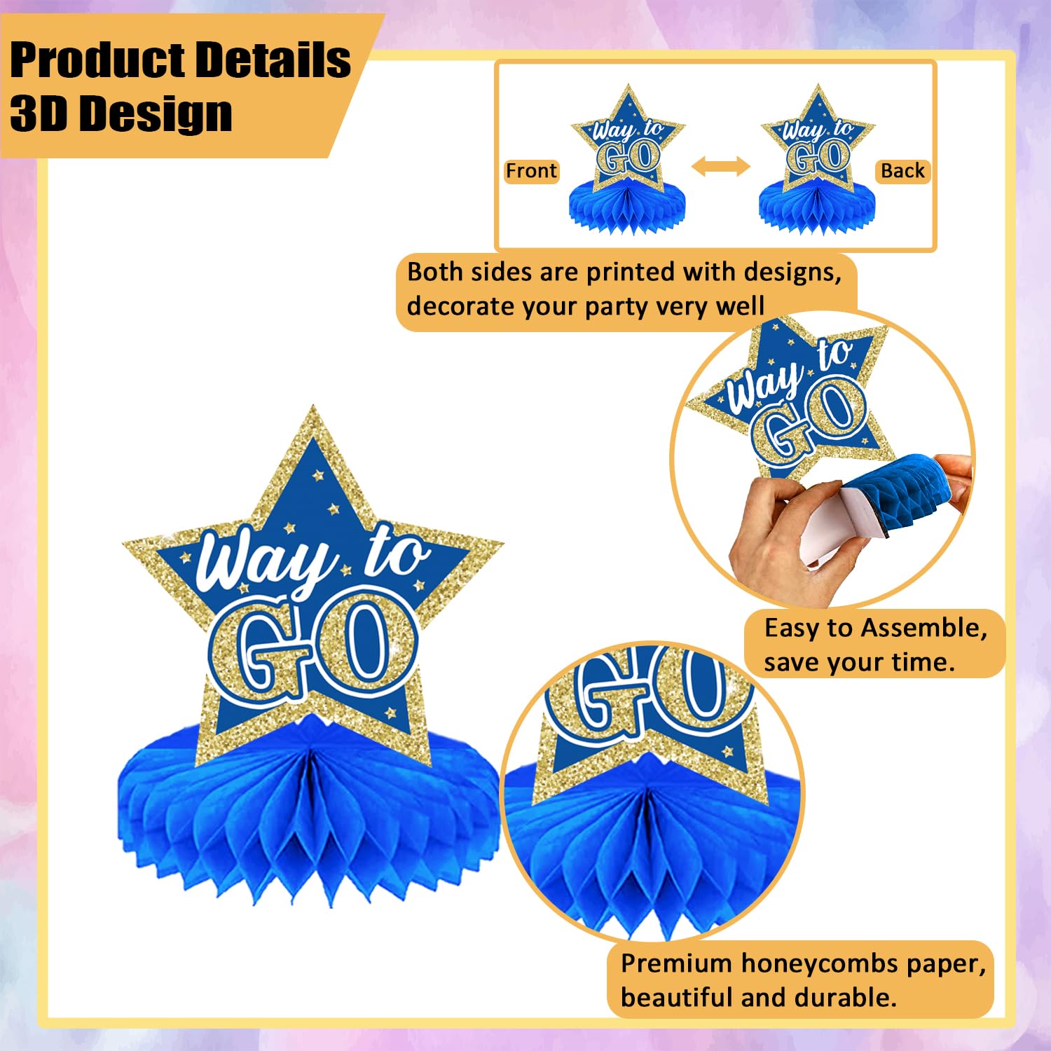 9 pieces of graduation party decoration Class of 2024 Congrats Graduation Honeycomb Centerpieces,Graduation，Congratulations Graduation honeycomb desktop decoration (Blue gold)