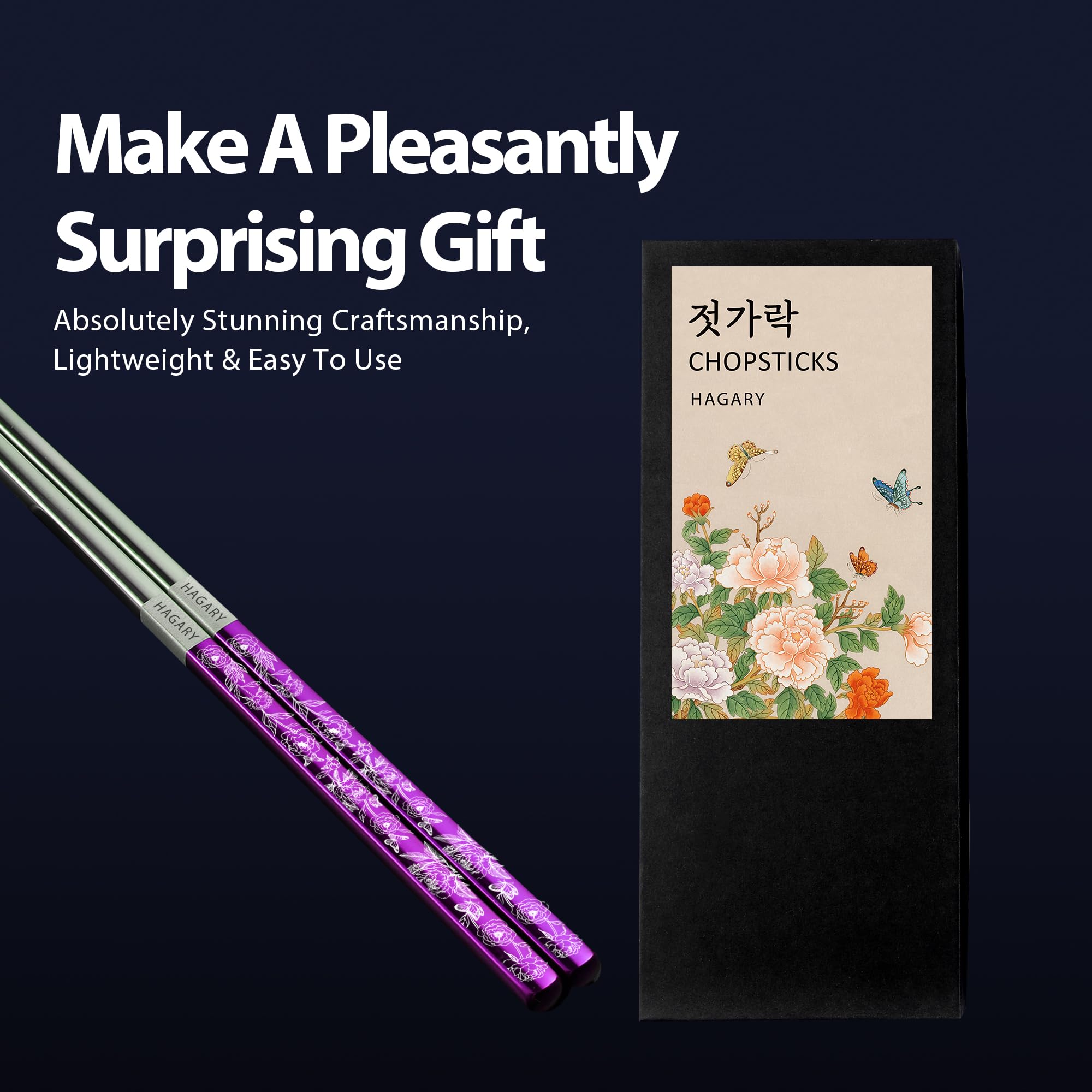 Peony and Butterfly Chopsticks Metal Chopsticks Reusable Designed in Korea Japanese Style Stainless Steel 316 18/10 Non-Slip Dishwasher Safe Laser Etched 2 Pairs Purple