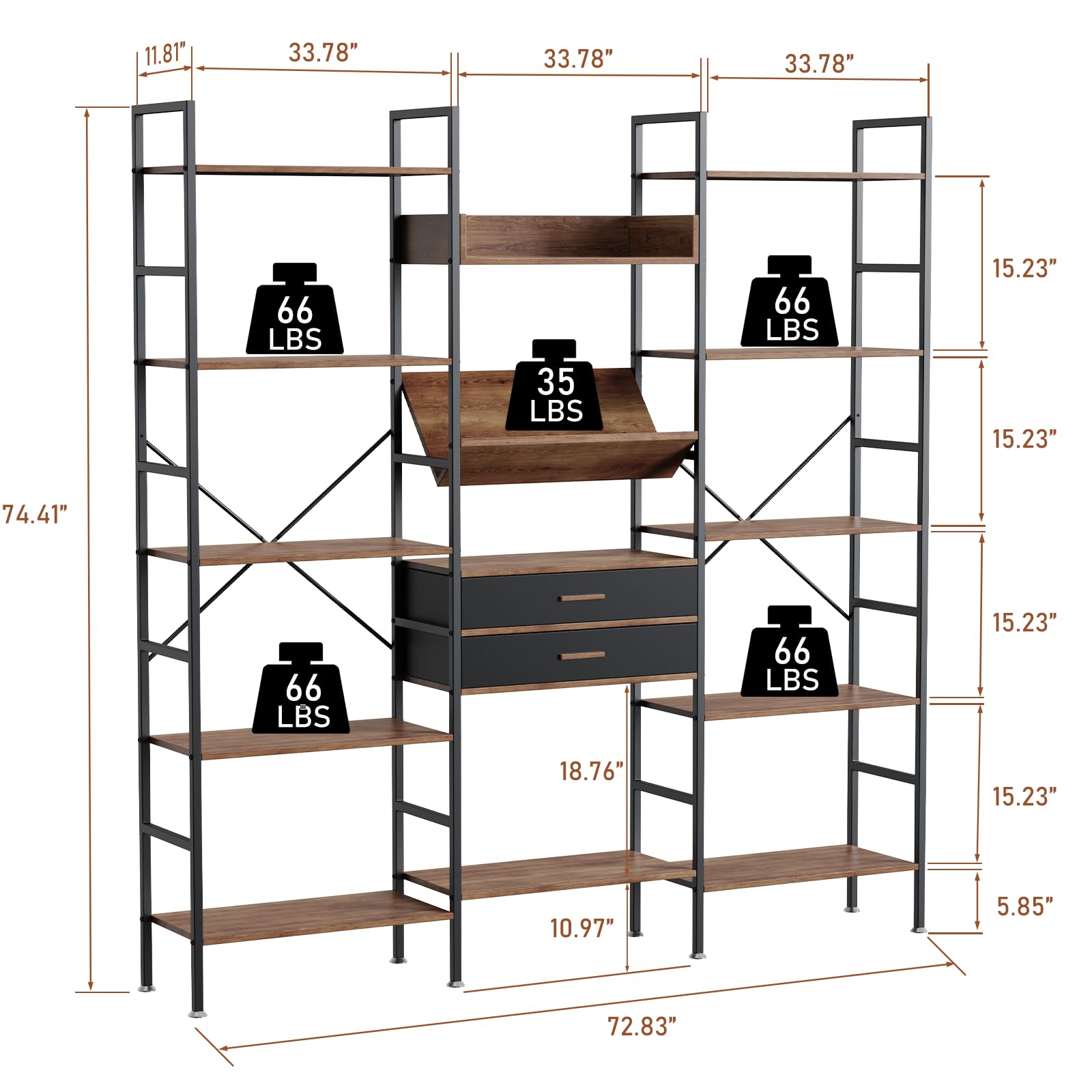 GRYPQROH Book shelf and Bookcase Triple Wide 5 Tier Industrial Bookshelf with Drawers & 14 Open Display Shelves, Large Etagere Tall Bookcase with Metal Frame for Home Office Living Room Retail Display