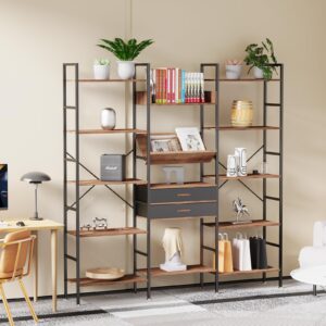 GRYPQROH Book shelf and Bookcase Triple Wide 5 Tier Industrial Bookshelf with Drawers & 14 Open Display Shelves, Large Etagere Tall Bookcase with Metal Frame for Home Office Living Room Retail Display