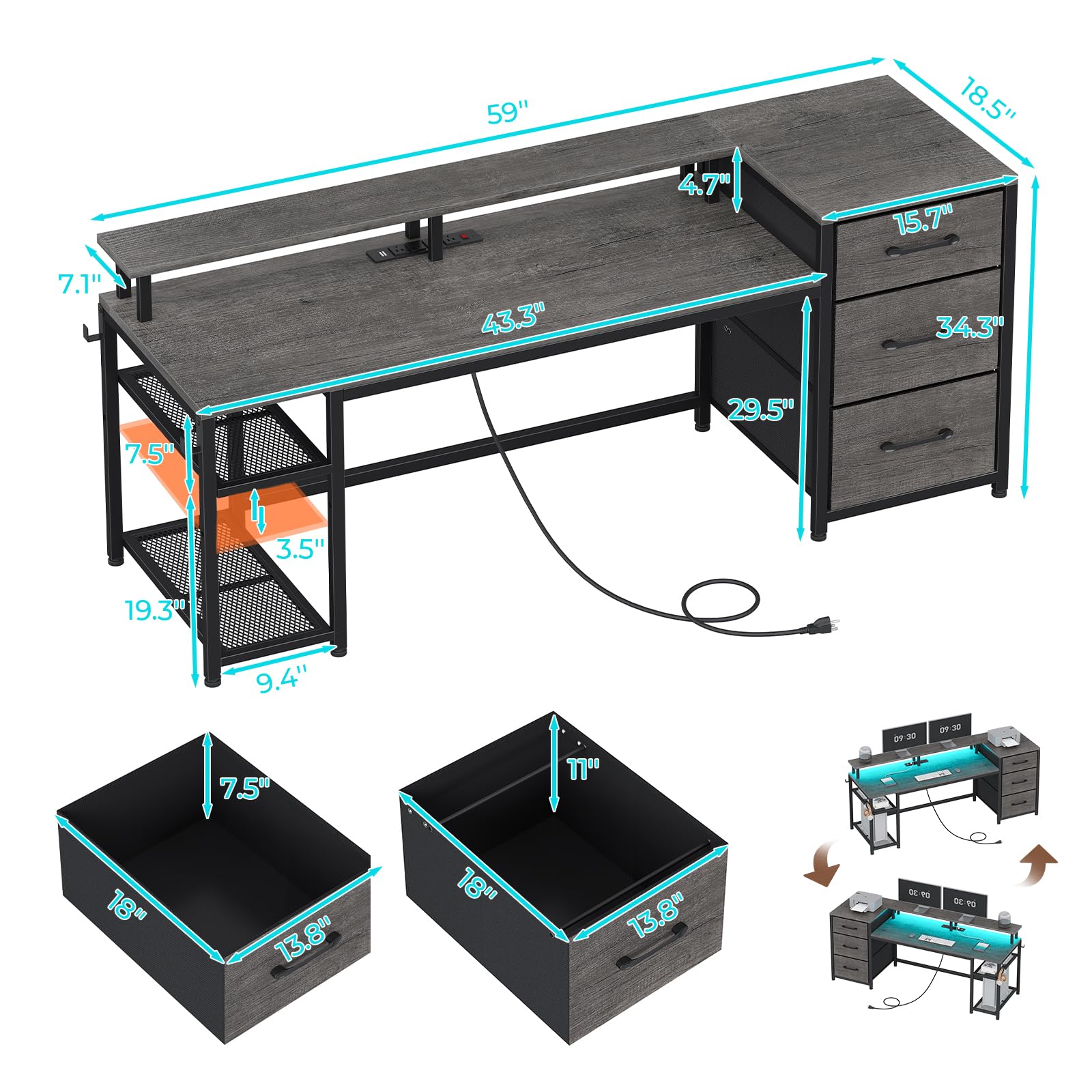 SEDETA 59" Office Desk with Drawers, Reversible Computer Desk with File Drawers & Storage, Gaming Desk with LED Lights & Power Outlet, Home Office Desks for Printer, Grey