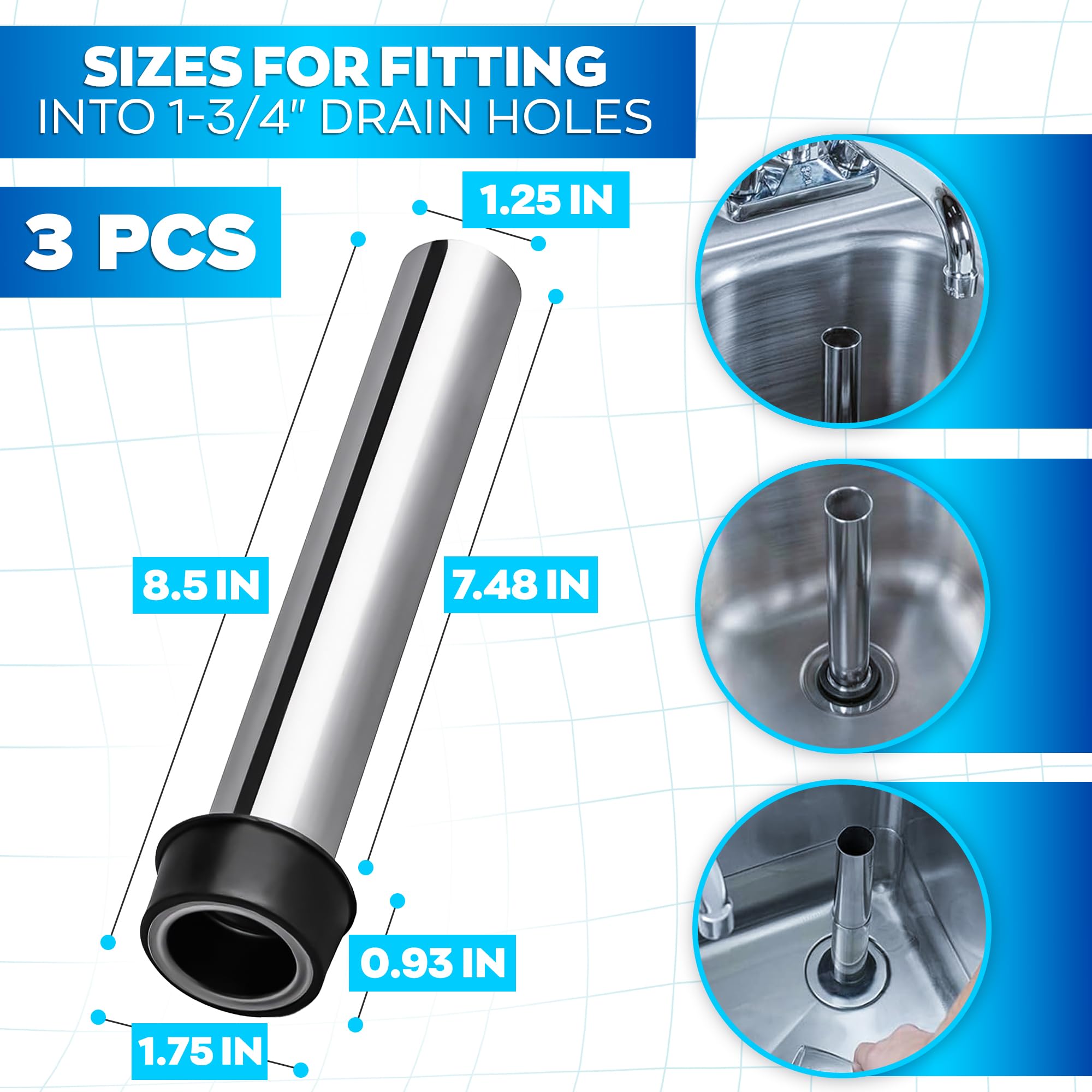 3Pcs Stainless Steel Sink Overflow Pipe - 7.48" 3 Compartment Sink Stopper Pipe Overflow for 1.75" Drains Bar Sink Stoppers with Overflow Pipe - Sink Stopper Pipe Kitchen Sink Drain Stopper Drain Pipe