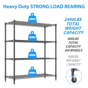 Homdox 60”W Storage Shelves, 4 Tier Heavy Duty Wire Shelving Unit with Wheels, 2400LBS Commercial Adjustable Metal Shelves for Storage, Garage Rack Pantry Shelves Kitchen Shelving, 24"x60"x72", Black