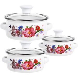 totority enamel stockpot 3 pcs kitchen enamel stockpot with lid, retro flower stew bean cooking pot, vintage thicken soup pot with handles, nonstick, safe for induction cookers, gas stove