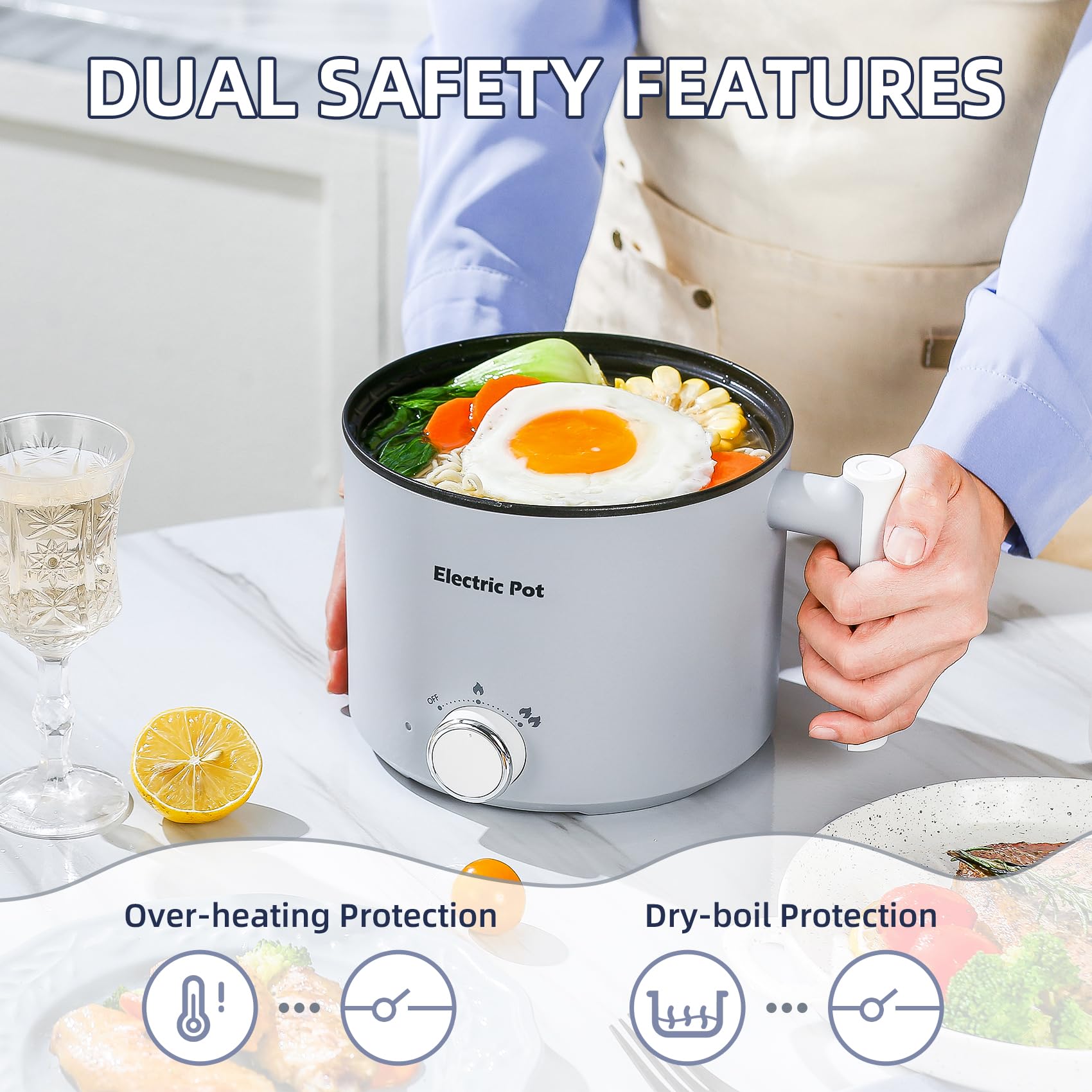 YOOLYQI Electric Hot Pot:1.5 L Ramen Cooker, Dual Power Mini Portable Multi-Functional Lazy Pot for Pasta, Noodles, Egg, Soup, Non-Stick Noodle Cooker with Boil Dry Protection for Dorm, Office (Grey)