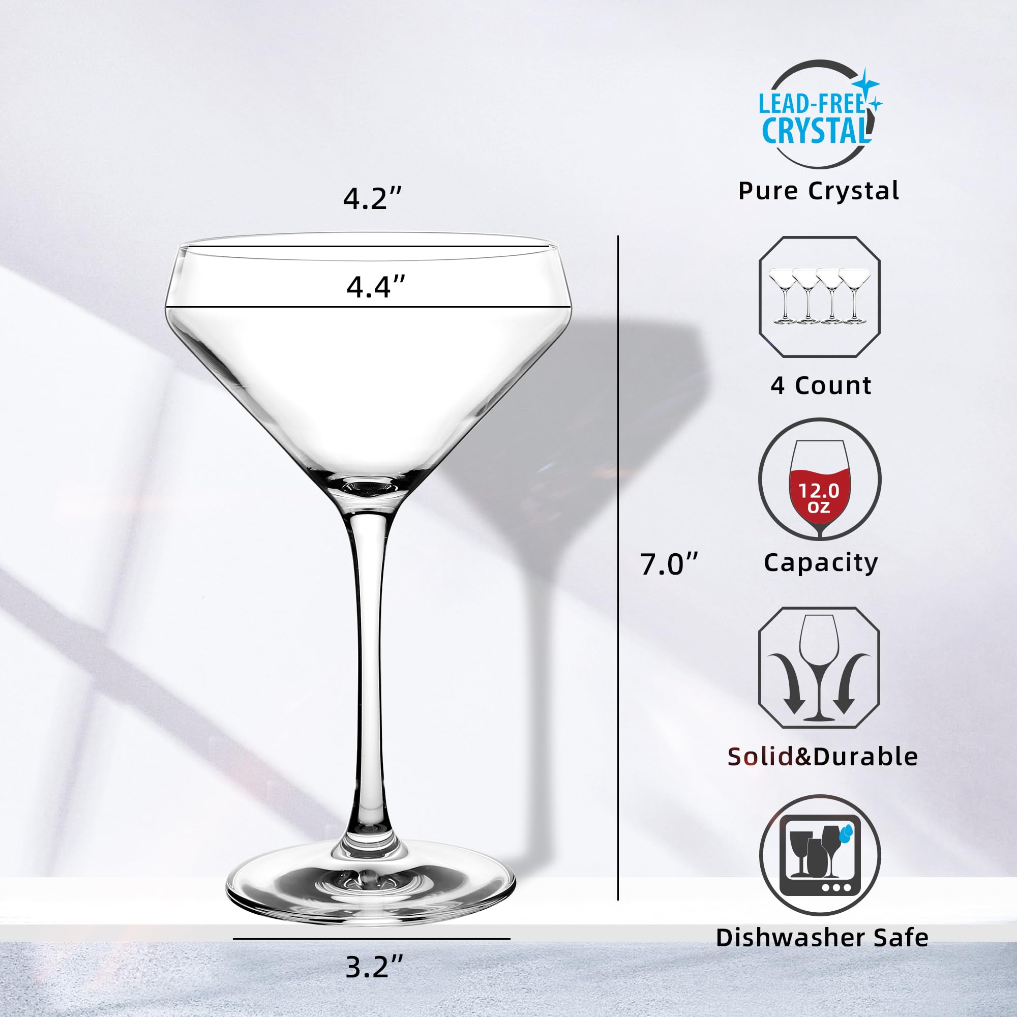 YIBEZ Martini Glasses, Set of 4 Cocktail Glasses, 12 OZ Crystal Coupe Glasses, Housewarming/Wedding Gifts